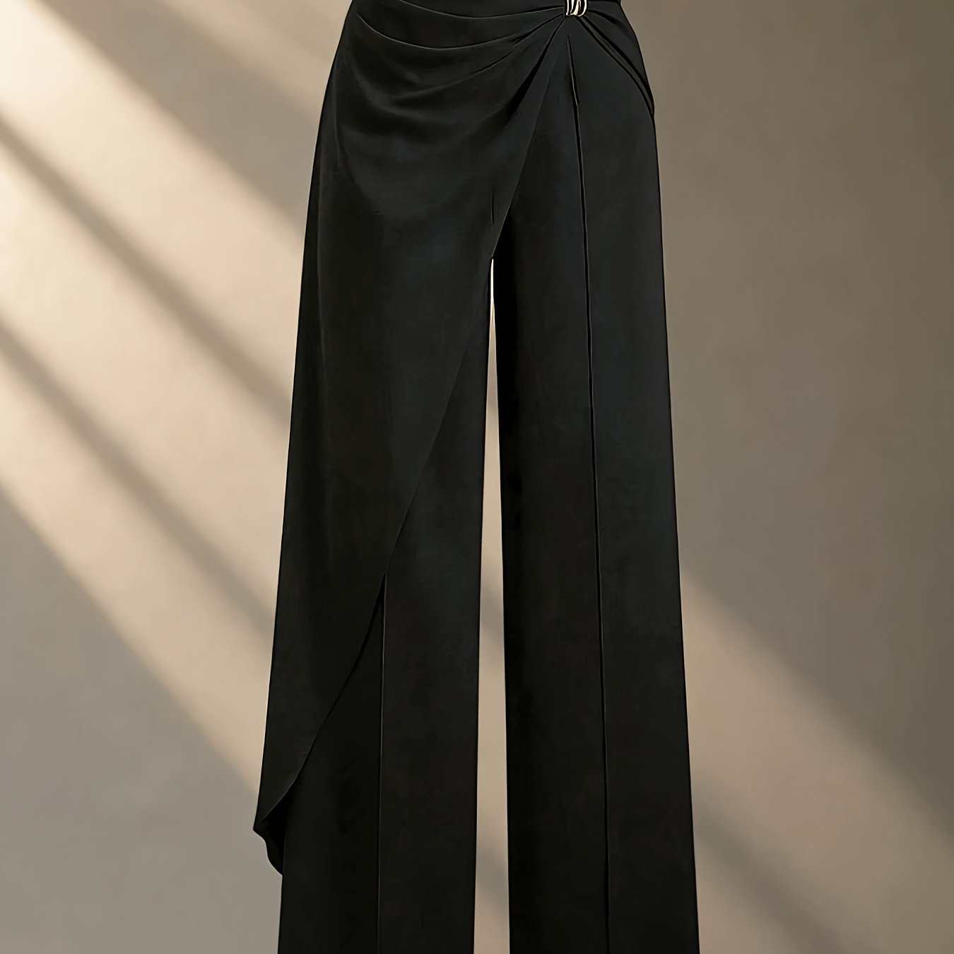 TEMU Women' High-waist Ruched Wrap Wide-leg Pants, Golden Metallic Ring Drape Trousers, Elegant Formal Flared Long Pants