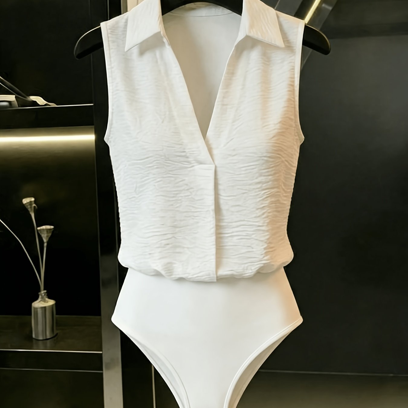 TEMU 2026 Loose Sleeveless Jumpsuit, Shirt Collar And V-neck Design, Pleated Fabric Casual And Stylish Style, Easy Jumpsuit, White Jumpsuit, White