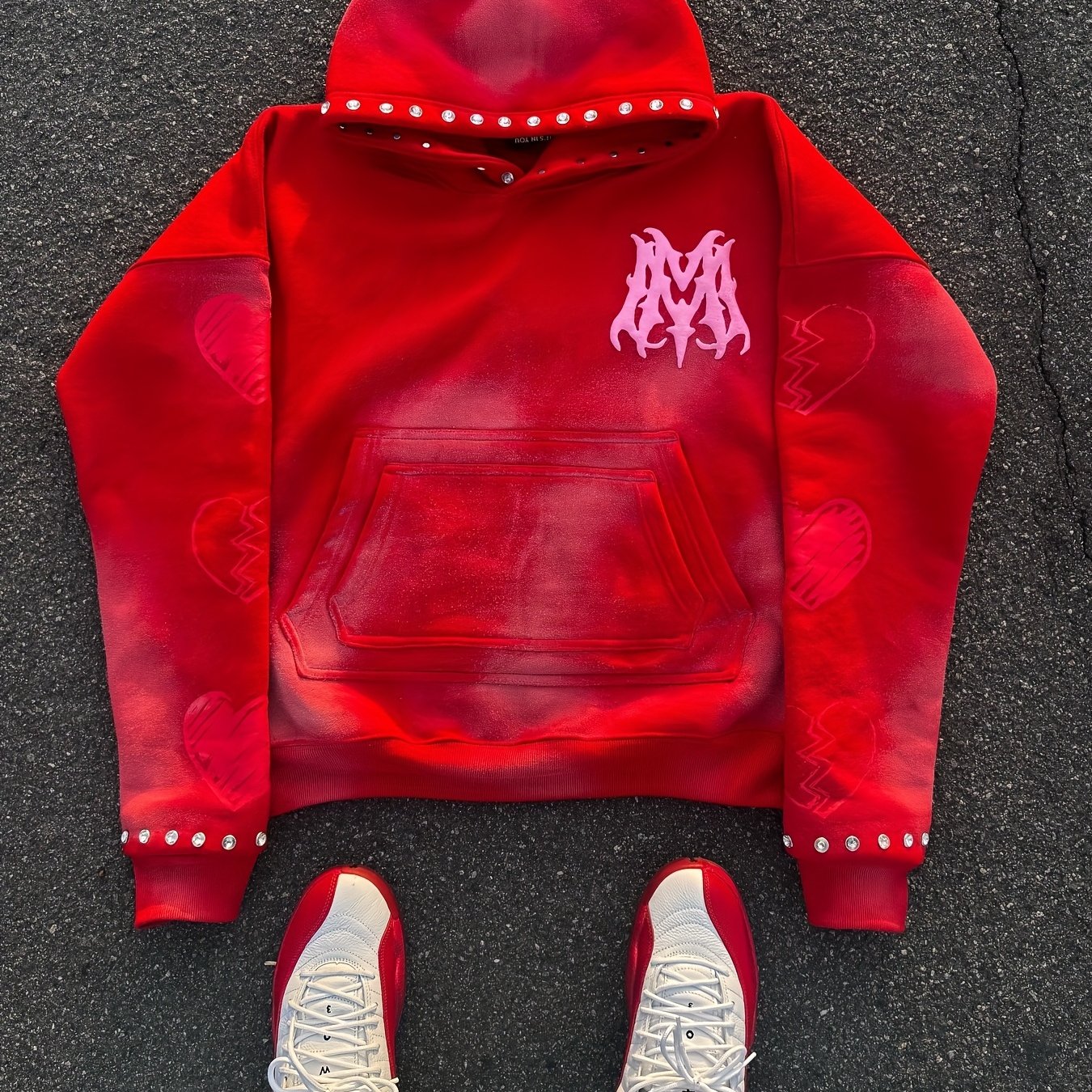 TEMU Unisex Streetwear Pullover Hoodie With Flame Letter Print Design Gradient Red Color Studded Hood And Cuffs Oversized Hip Hop Y2k Aesthetic