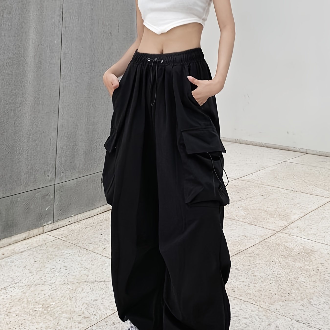 E-shop Plus Size, Damen Plus Size Leichte Atmungsaktive Cargo-Hosen mit Verstellbarem Kordelzugbund & Seitentaschen - Lockerer Sitz Freizeithose für