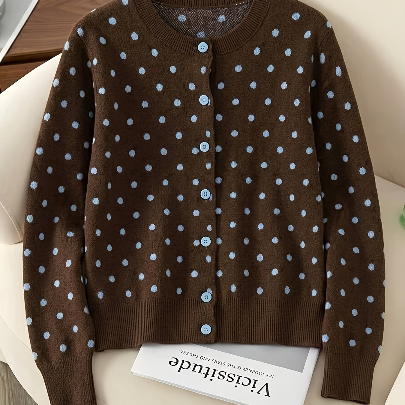 TEMU New Polka Dot Cardigan, Featuring A Simple Round Neckline And , Design With Dots. The Soft, Smooth Fabric Is , With A Single-breasted Button