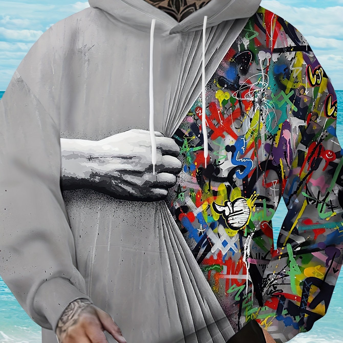 TEMU Men's Plus Size 3d Gray High-definition Graffiti Print Hoodie