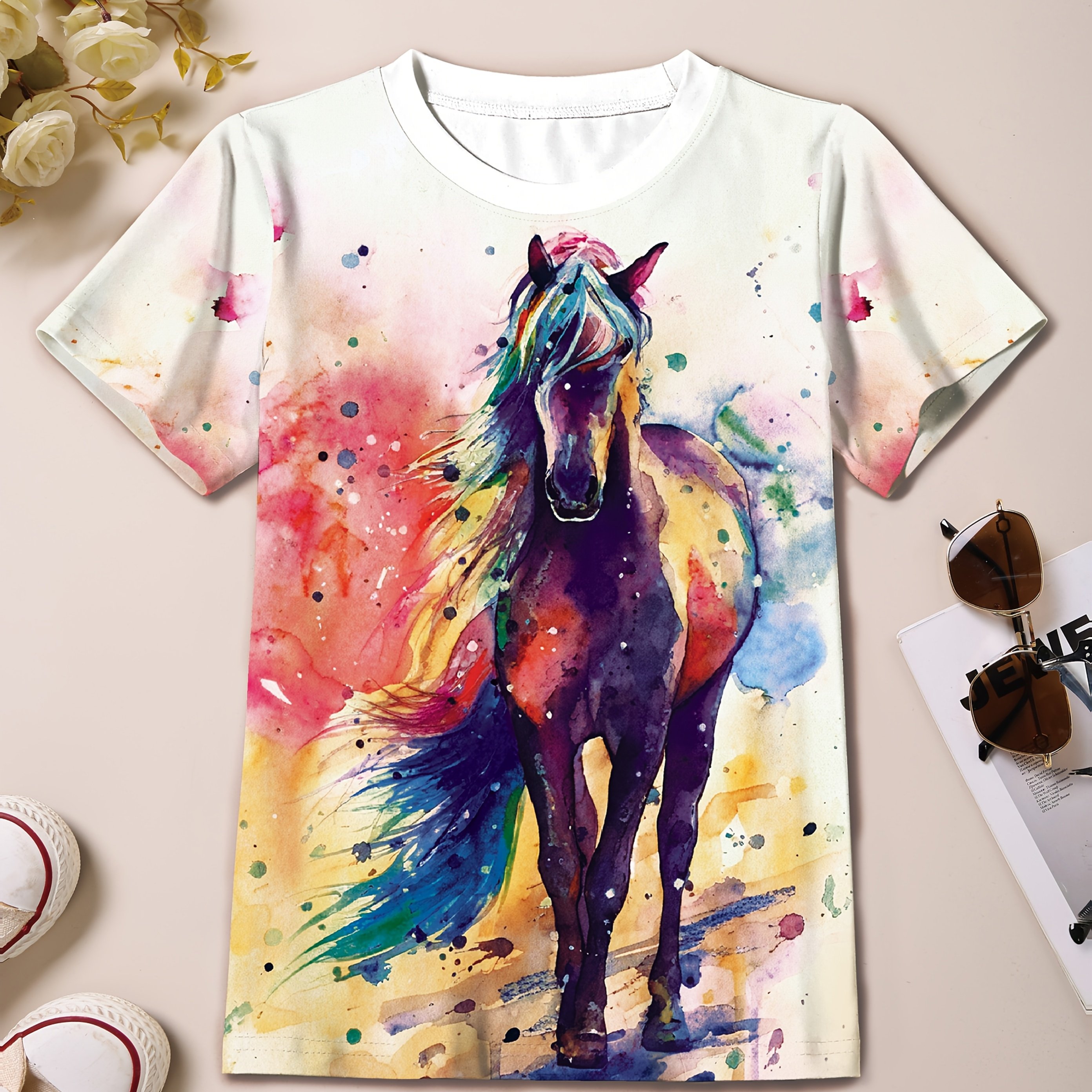 ' Fashion Tie-dye Horse Print T-shirt - Casual Comfortable Short Sleeve Top For , Polyester, Machine Washable, Everyday 's Top | Vibrant Print Tee | Stretchable Fabric, Horse Shirts For Girls