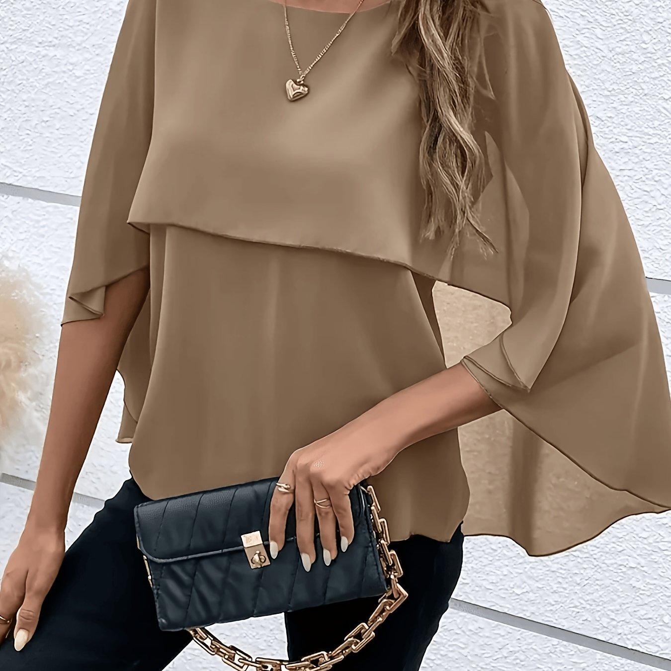 TEMU Plus Size, Women's Pleated Solid Casual Three-quarter Sleeve Round Neck Top, For Daily Wear, Suitable For Spring, Summer, And Autumn [d112]