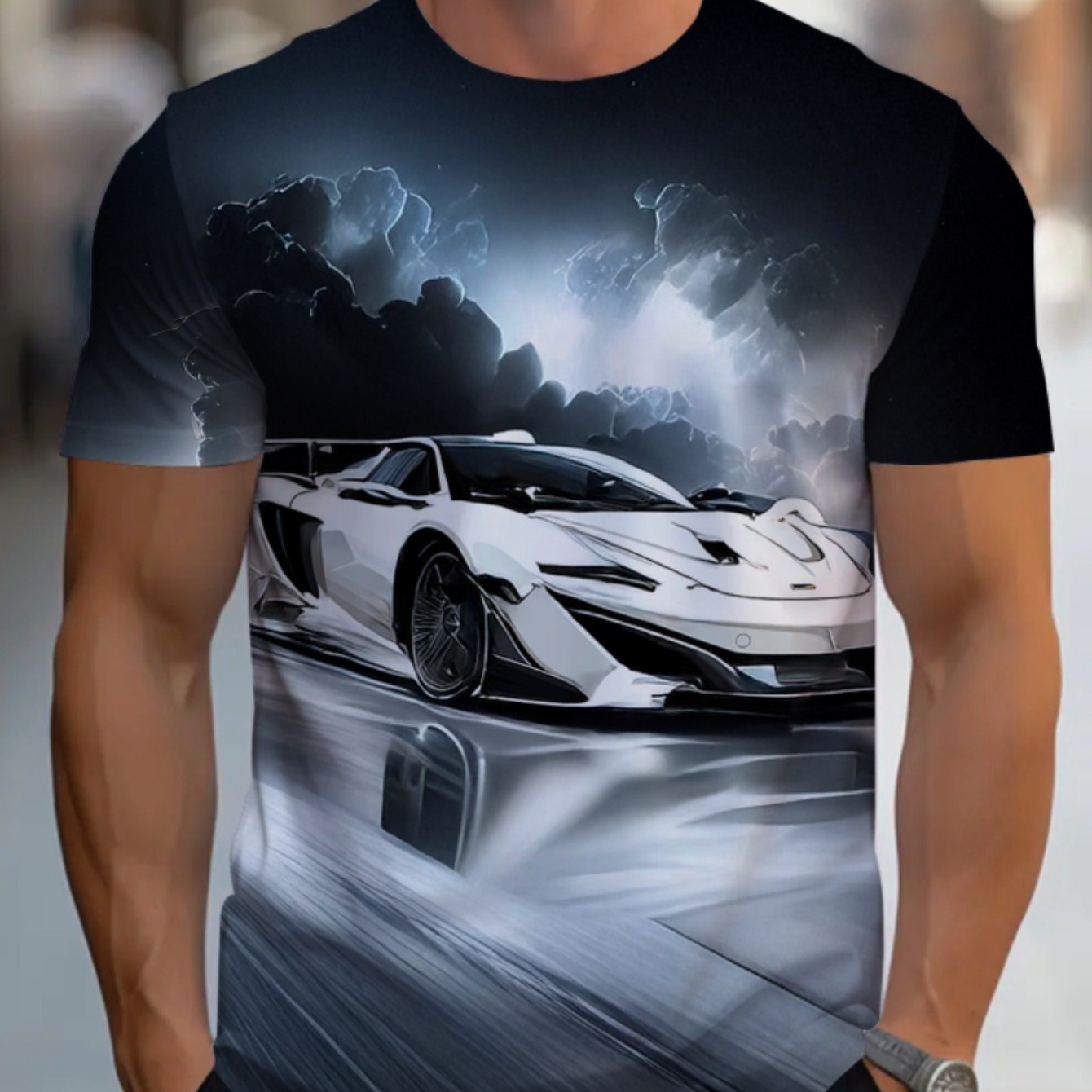 TEMU Men's Lightweight Polyester Short-sleeve Tee Featuring A Car Graphic, Ideal For Casual , , And Daily Wear, Designed In A Contemporary Black And