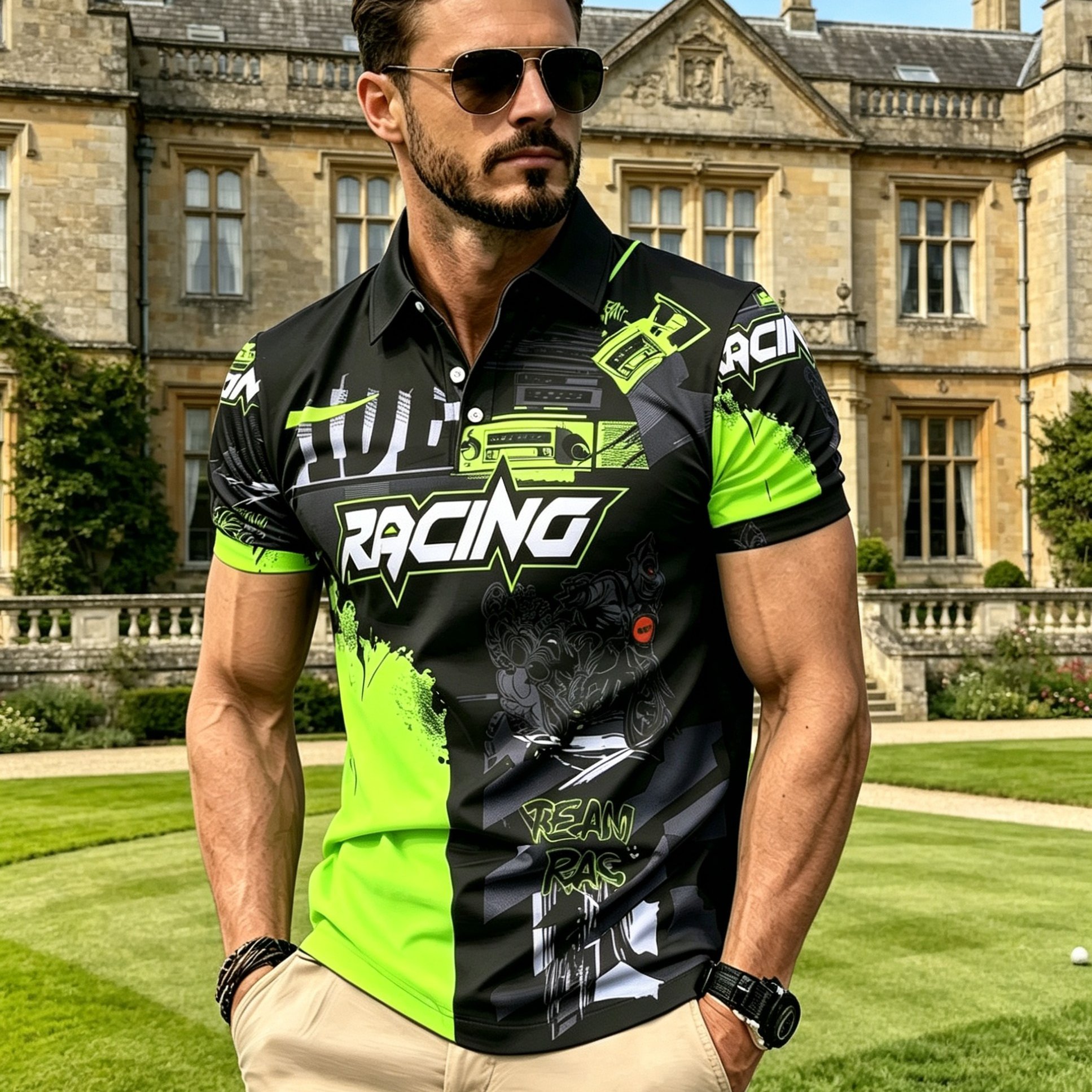 TEMU [printed Design - Not Textured] Color- Spliced Motorcycle-themed Men's Short-sleeve Shirt With Lapel And Half-, A Casual Riding Shirt For Daily