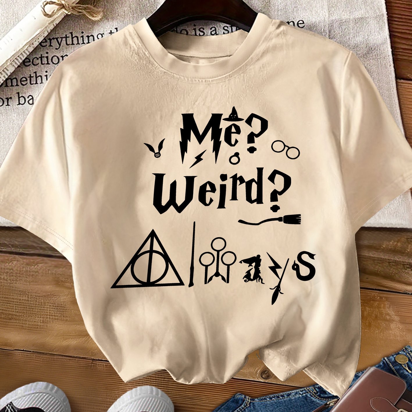 TEMU [warner] Harry Potter Women's Elegant Short-sleeve "me? Weird? " Magic Slogan Print Crew Neck T-shirt, Comfortable, Soft, Breathable, New Style,