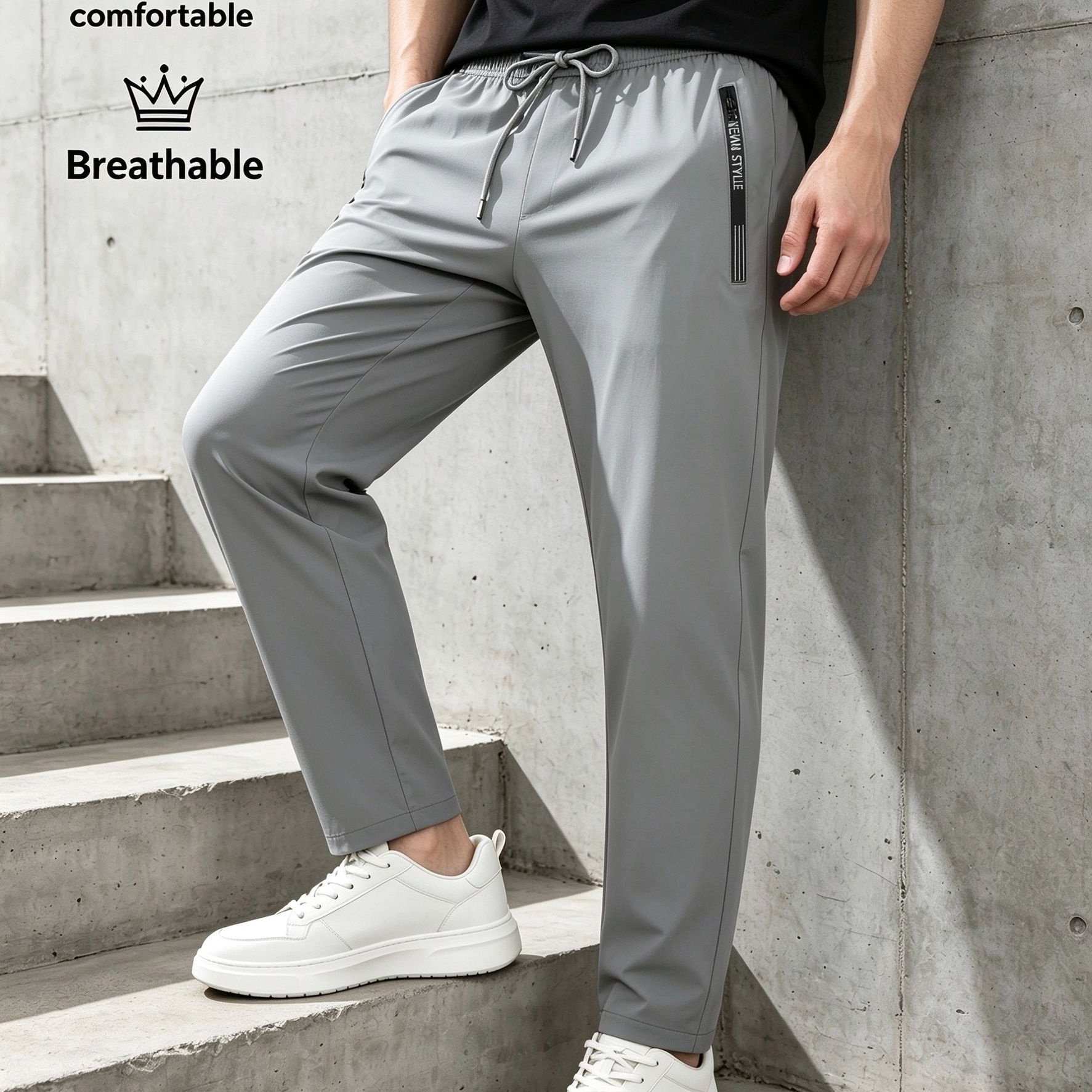 TEMU Men's Quick-dry Athletic Long Pants, Stretch Straight Running Trousers, Elastic Waistband, Zippered Pockets For Fitness And Casual Wear,