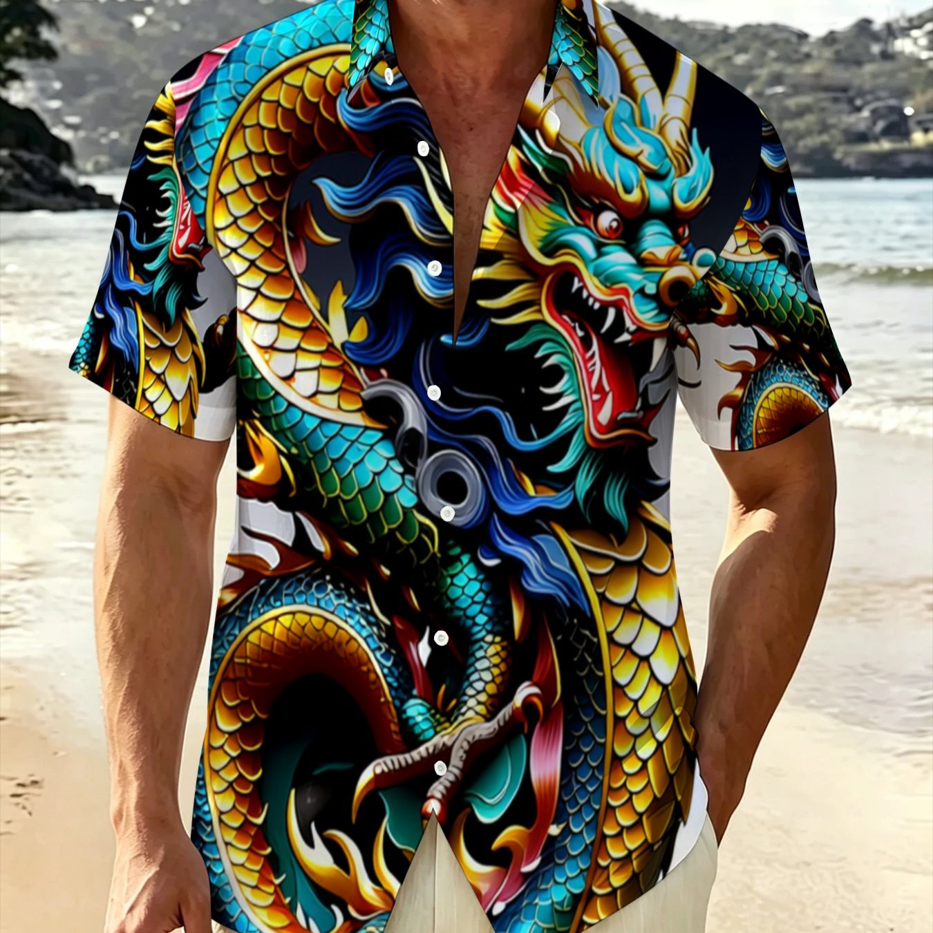 TEMU Men's Colorful Dragon Print Shirt, Short Sleeve Casual Top, Summer Printed Men's Apparel, Plus Size
