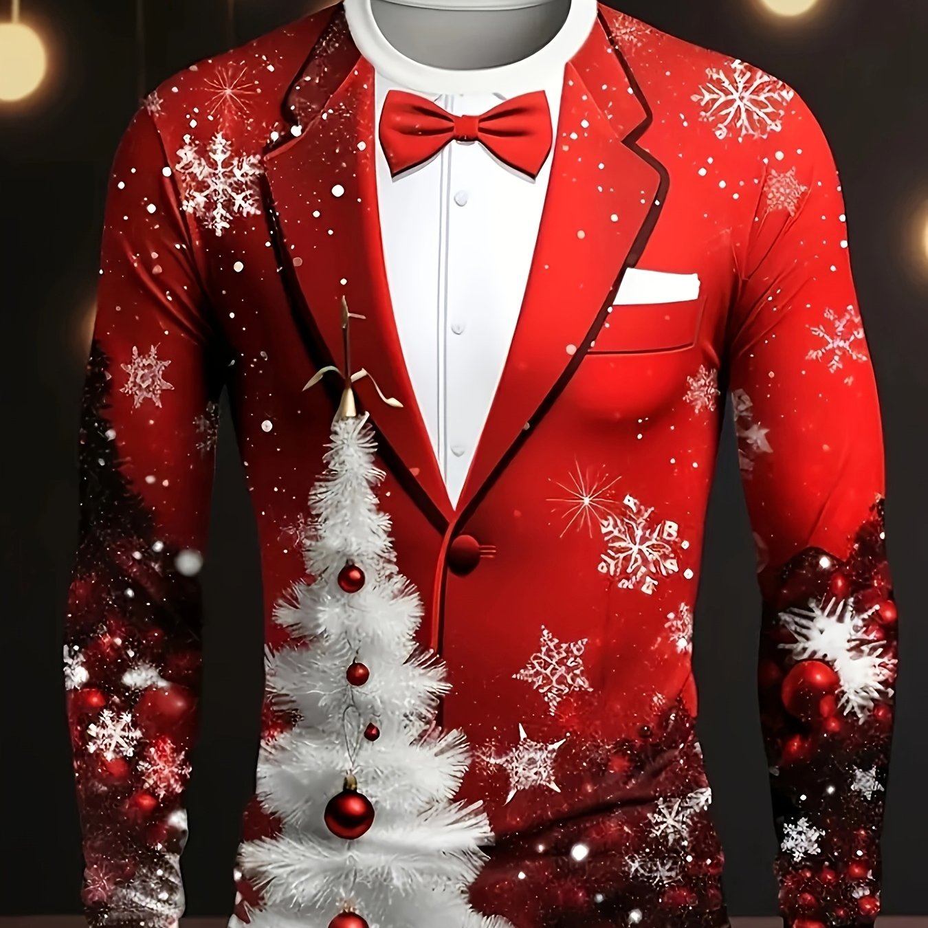 Men's 3d Christmas Fake Suit Printed Long Sleeve T-shirt, Red Tuxedo And Bow Tie With White Christmas Tree Graphic Crewneck Tee, Casual Holiday Party Top