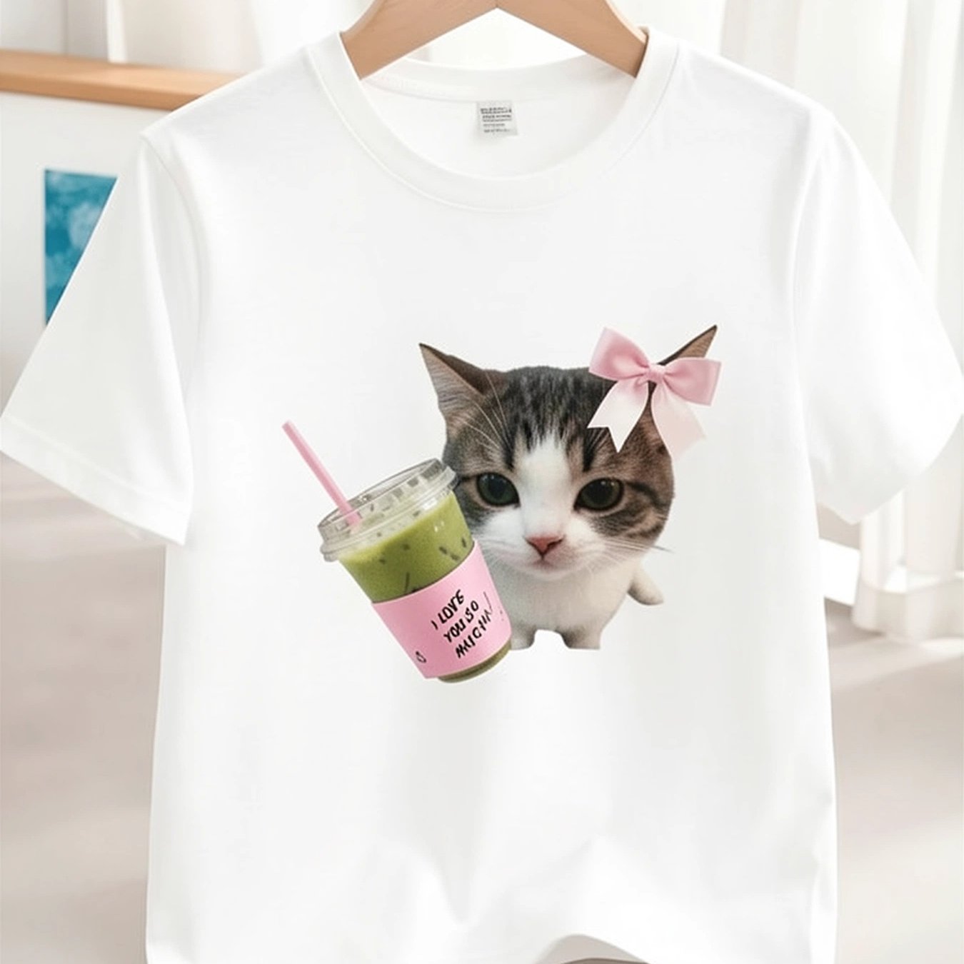 Image of Boys' Light Purple T-shirt With Cute Cat Drinking Milk Tea Pattern, Soft, Everyday Summer T-shirt, Suitable For Birthday Party Clothing Or Everyday Play Clothes, Easy To Care For, Suitable 6-12