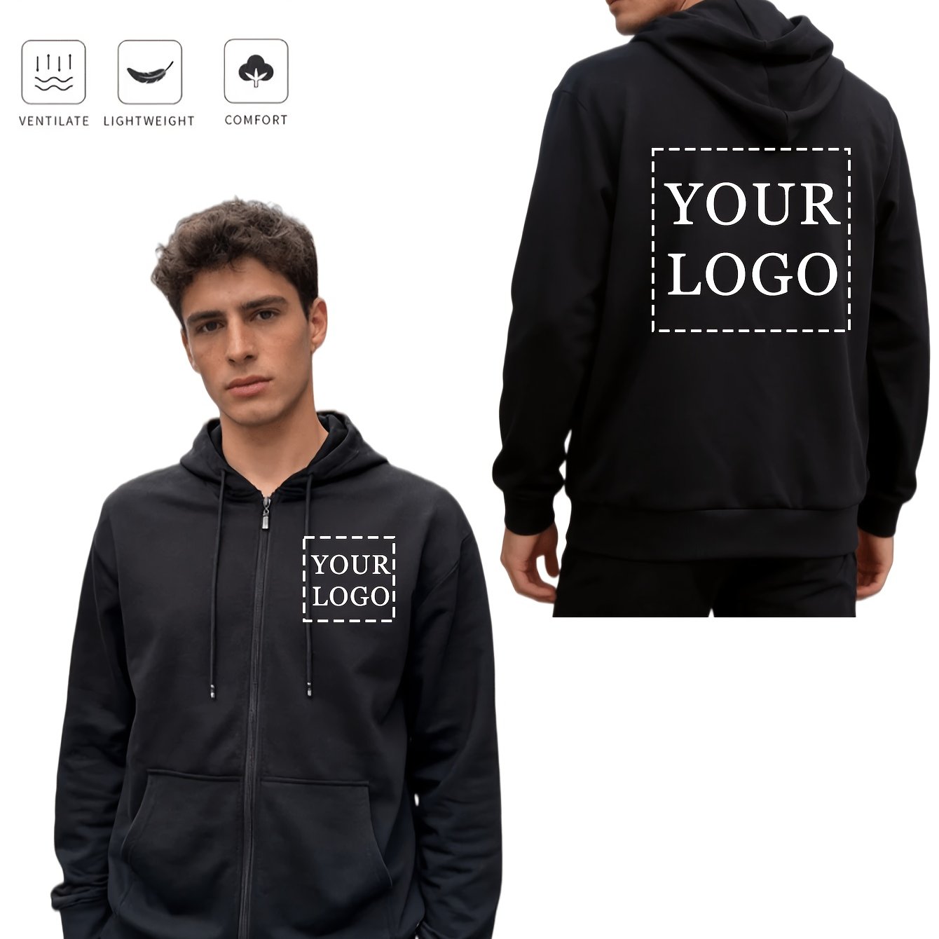 TEMU Men's Custom Full-zip Sweatshirt With Personalized Logo/text/ - Loose Fit Zipper Hoodie Suitable For Wedding Gifts, Birthday Party Outfits,