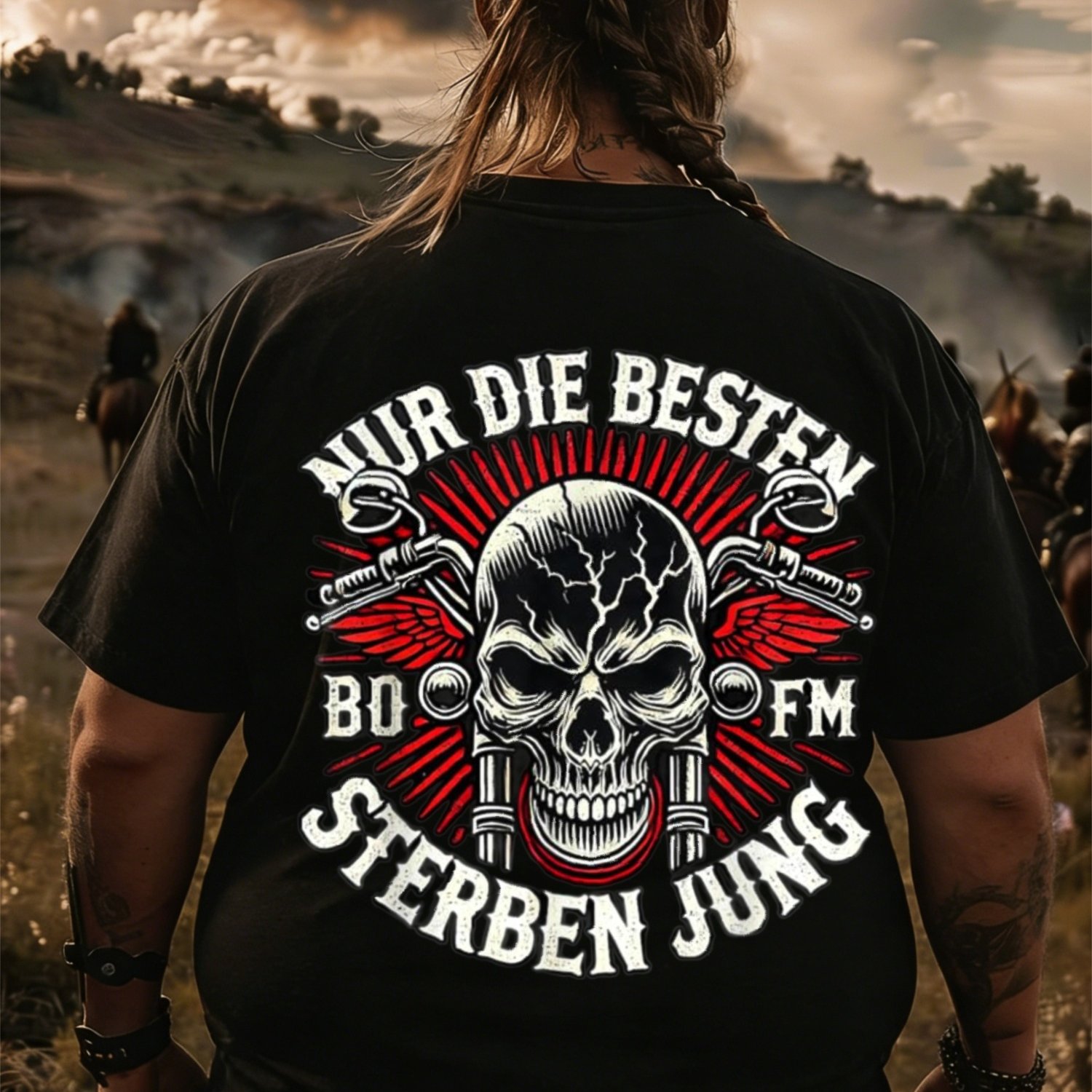 Image of Men's T-shirt Black Skull And With German Text Outdoor Adventure, Plus Size