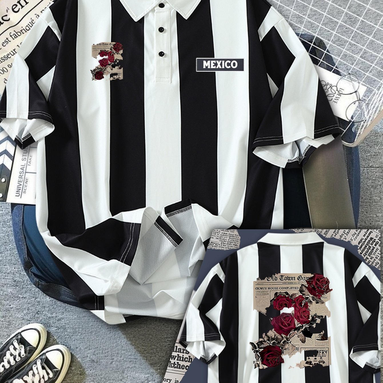 TEMU Vintage Style ! Black And White Striped Shirt With Newspaper Rose Print On The Back - A Must-have For Stripe Lovers! Short-sleeved Shirt With