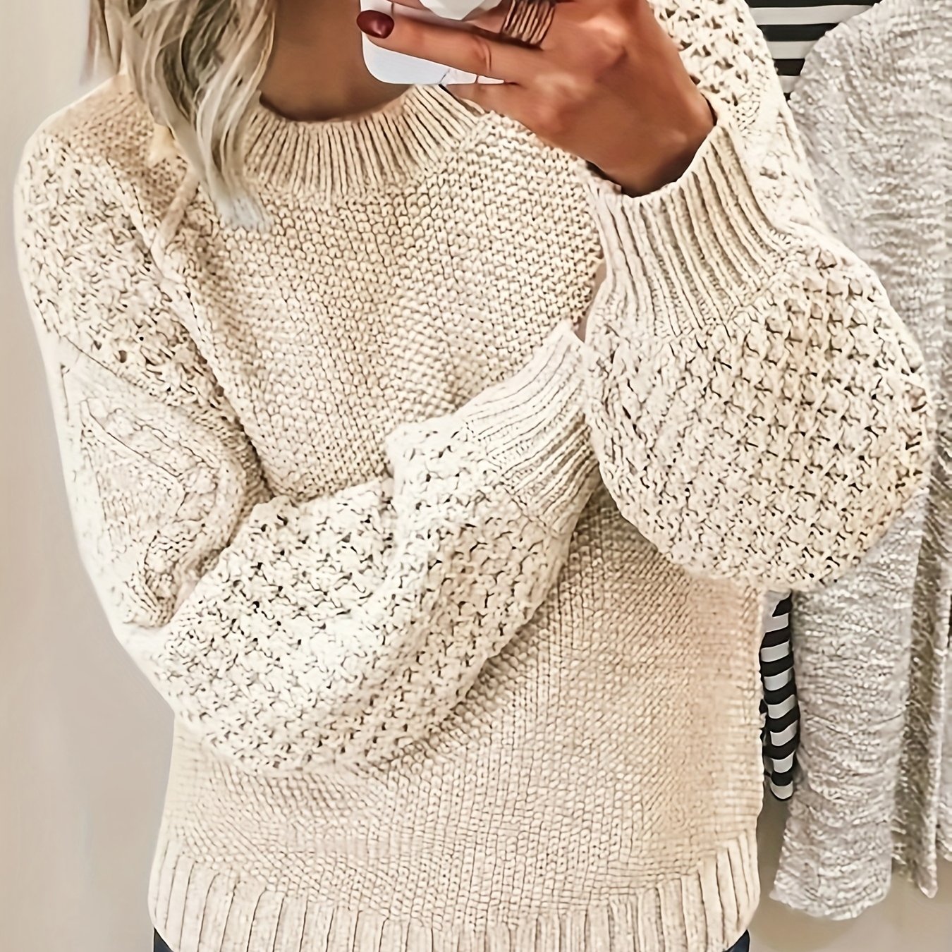 TEMU Women's Warm, Versatile Solid-color Crewneck Pullover That As Outerwear
