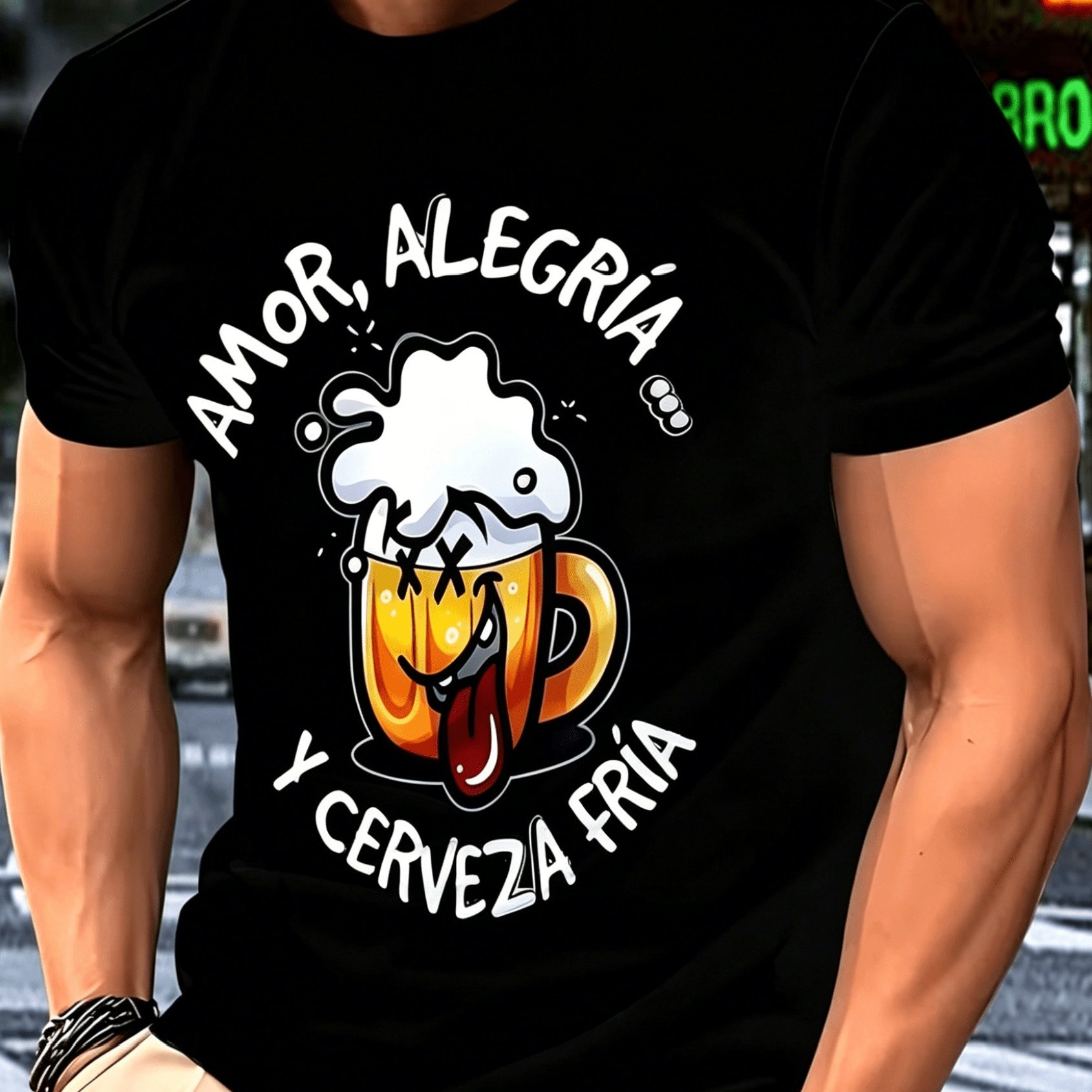TEMU Camiseta deportiva de manga corta para hombre, cómoda y versátil, con cuello y estampado animado de cerveza, de moda, con estampado divertido