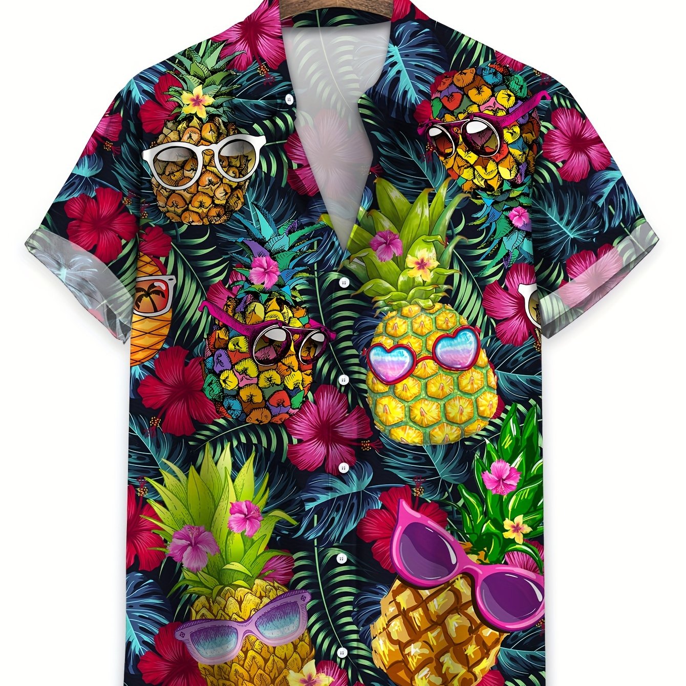 Men's Cartoon Pineapples Print Short Sleeve Shirt For Summer, Casual Comfy Shirts As Gift
