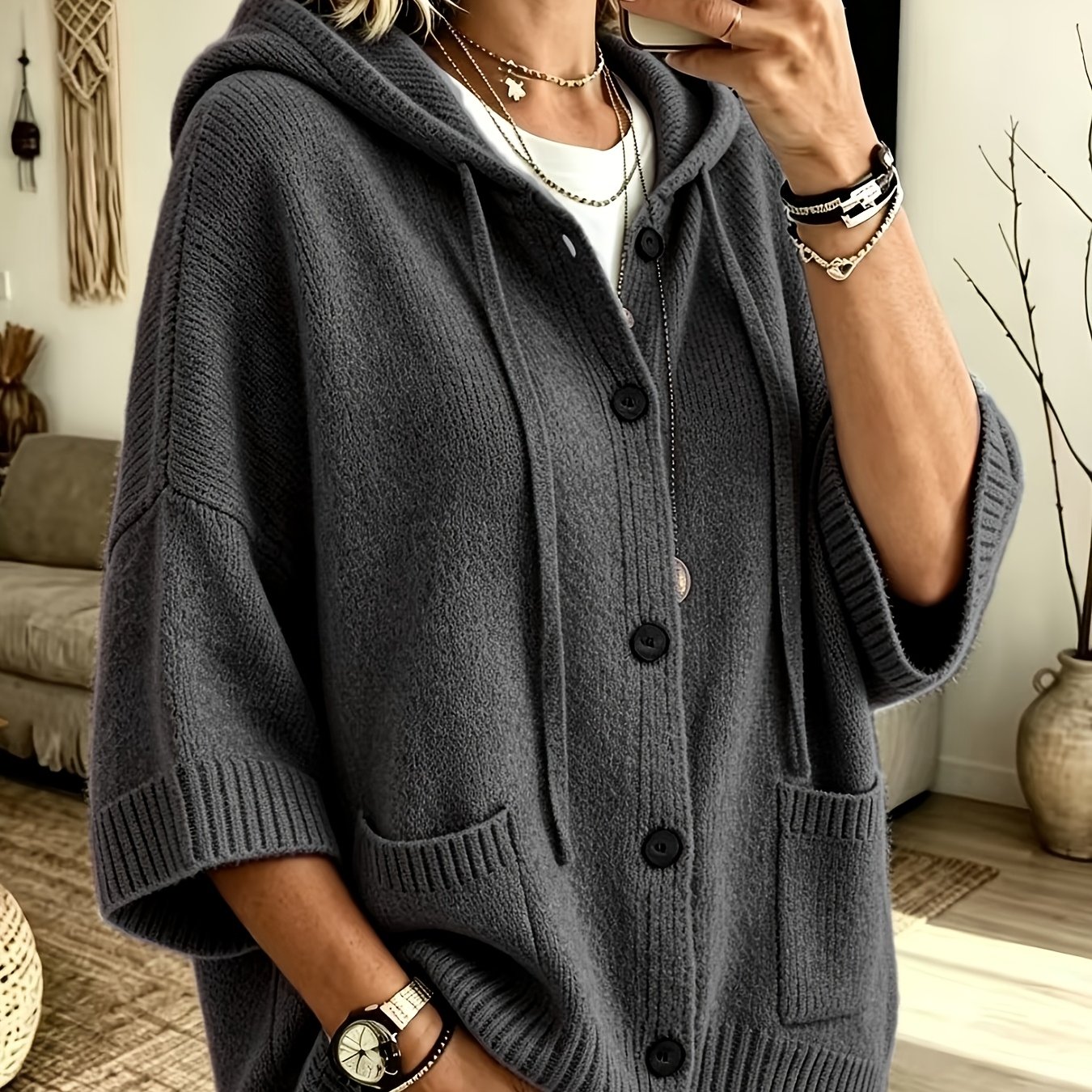 TEMU Elegant Casual Pocket Cardigan For Women