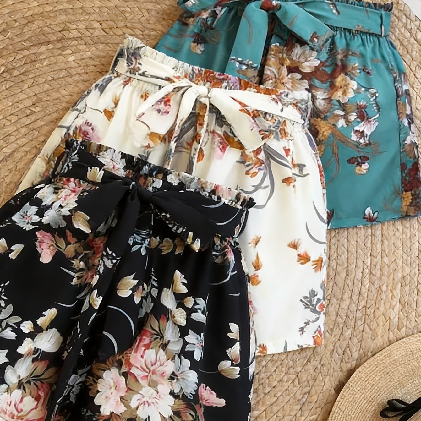 TEMU Fashionable And Elegant Printed High-waist Drawstring Loose Wide-leg A-line Hot Pants 3pcs Set