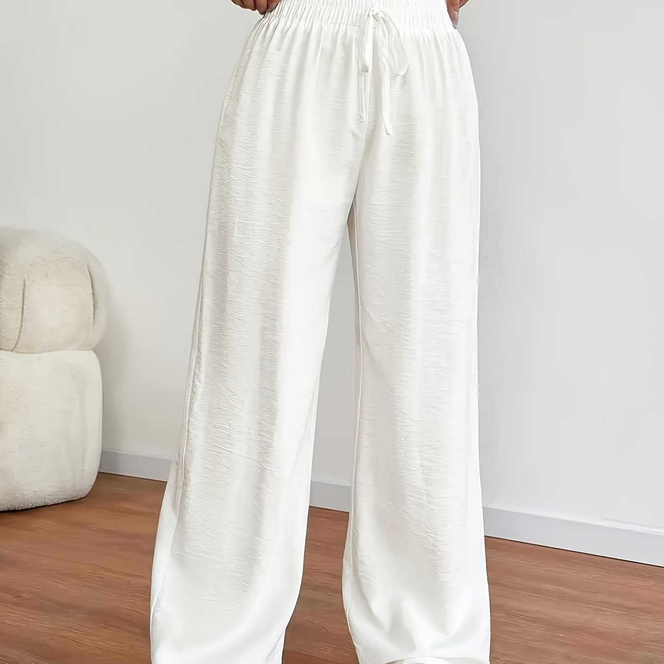 Plus Size - Plus Size - Plus Size Women's Elastic Waist Loose Straight Pants, Casual , Decorative Drawstring, Plus Size Women's Trousers
