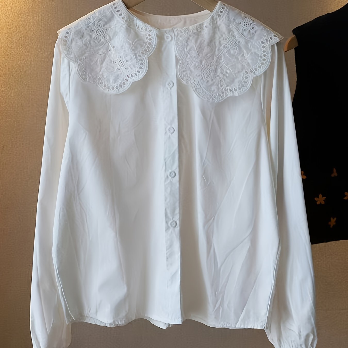 TEMU White Doll Collar Shirt For Women, /autumn Design, Long Sleeve Base Top With Doll Collar For Petite Figures