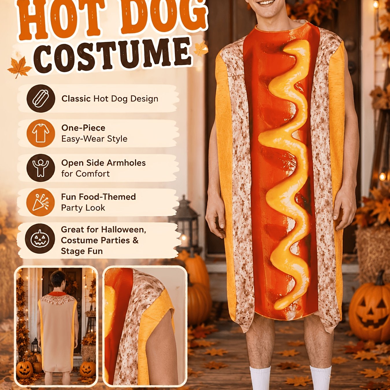 Image of Unisex Hot Dog Halloween Costume, Fun Food Mascot Set For Adults, Suitable For Parties, Events, And