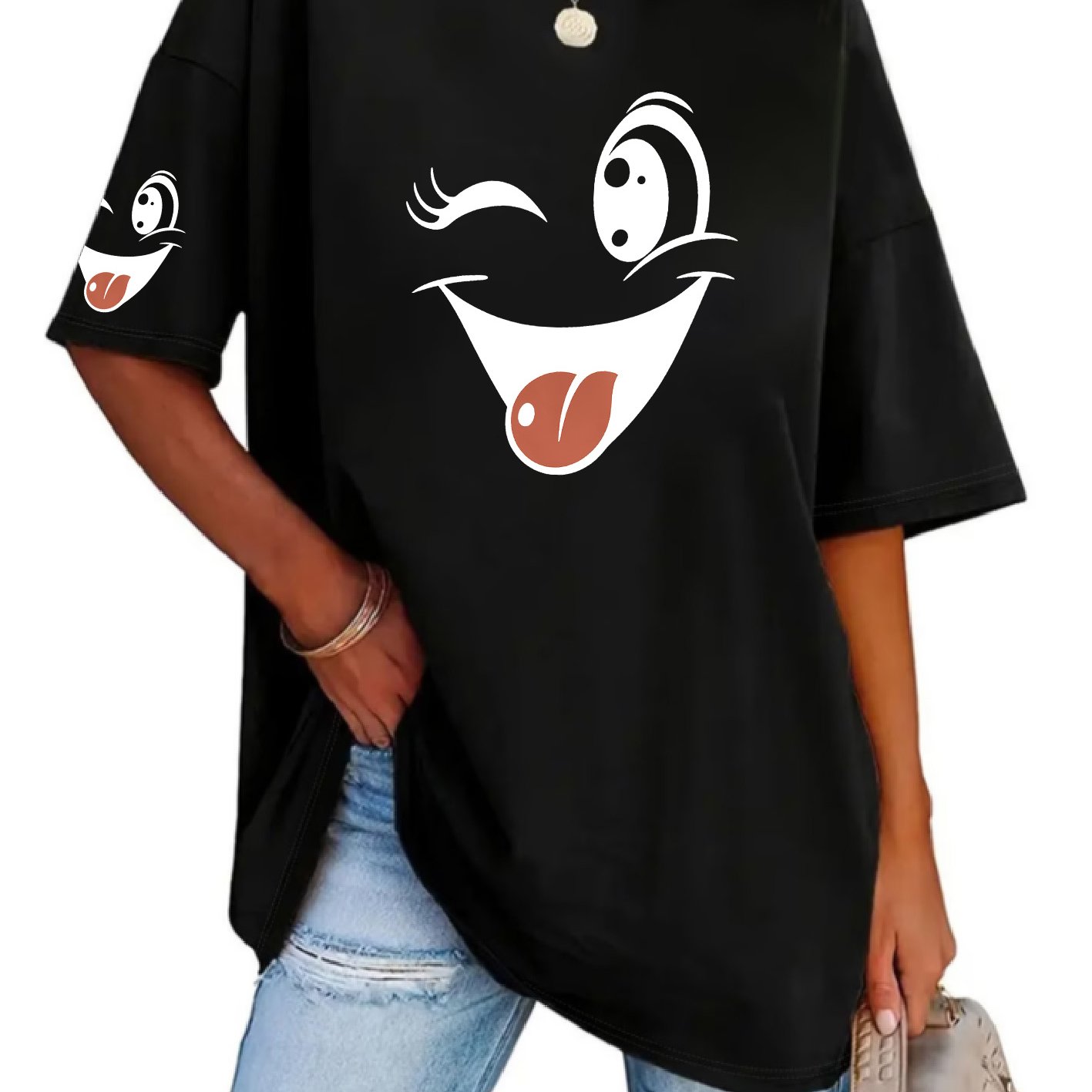 TEMU Women's Printed T-shirt, Loose Drop Shoulder Lazy Casual Summer Top