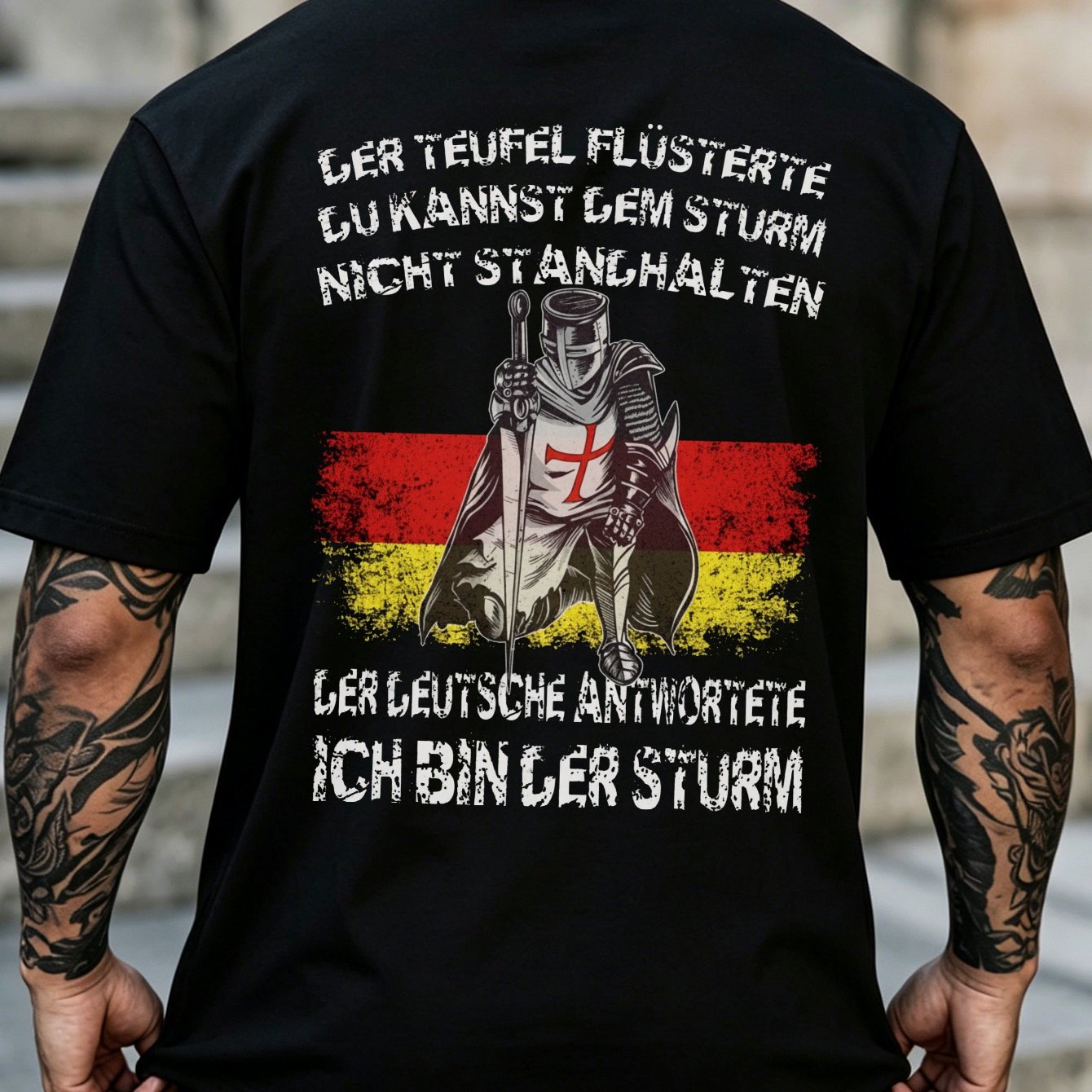 Image of German Knight And Back Print T-shirt Black Casual Daily Wear Short Sleeve