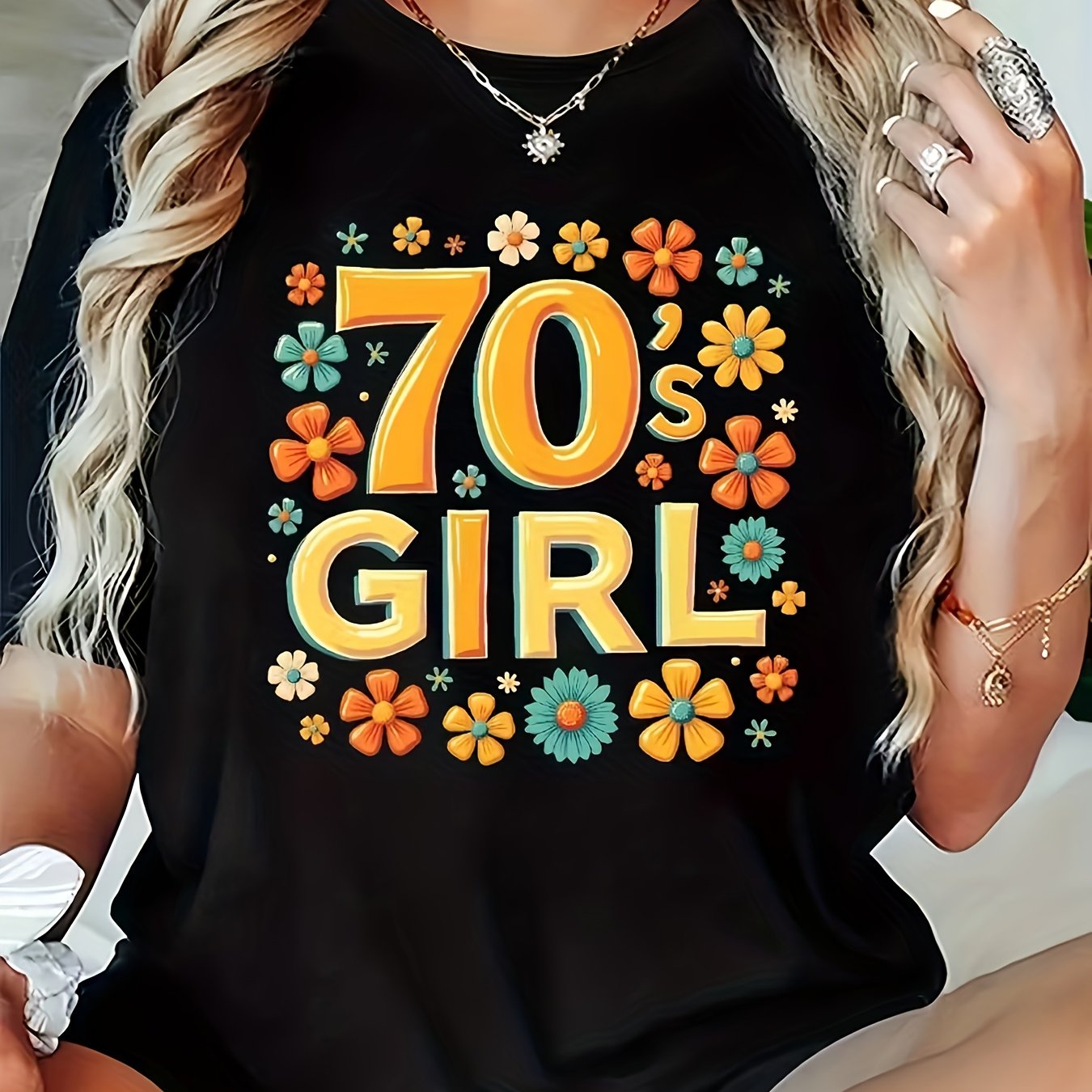 TEMU Women's Vintage Floral Pattern T-shirt From The 70s - A Loose-fitting Round-neck Top Featuring A '70s' Print, Machine Washable, For Spring,