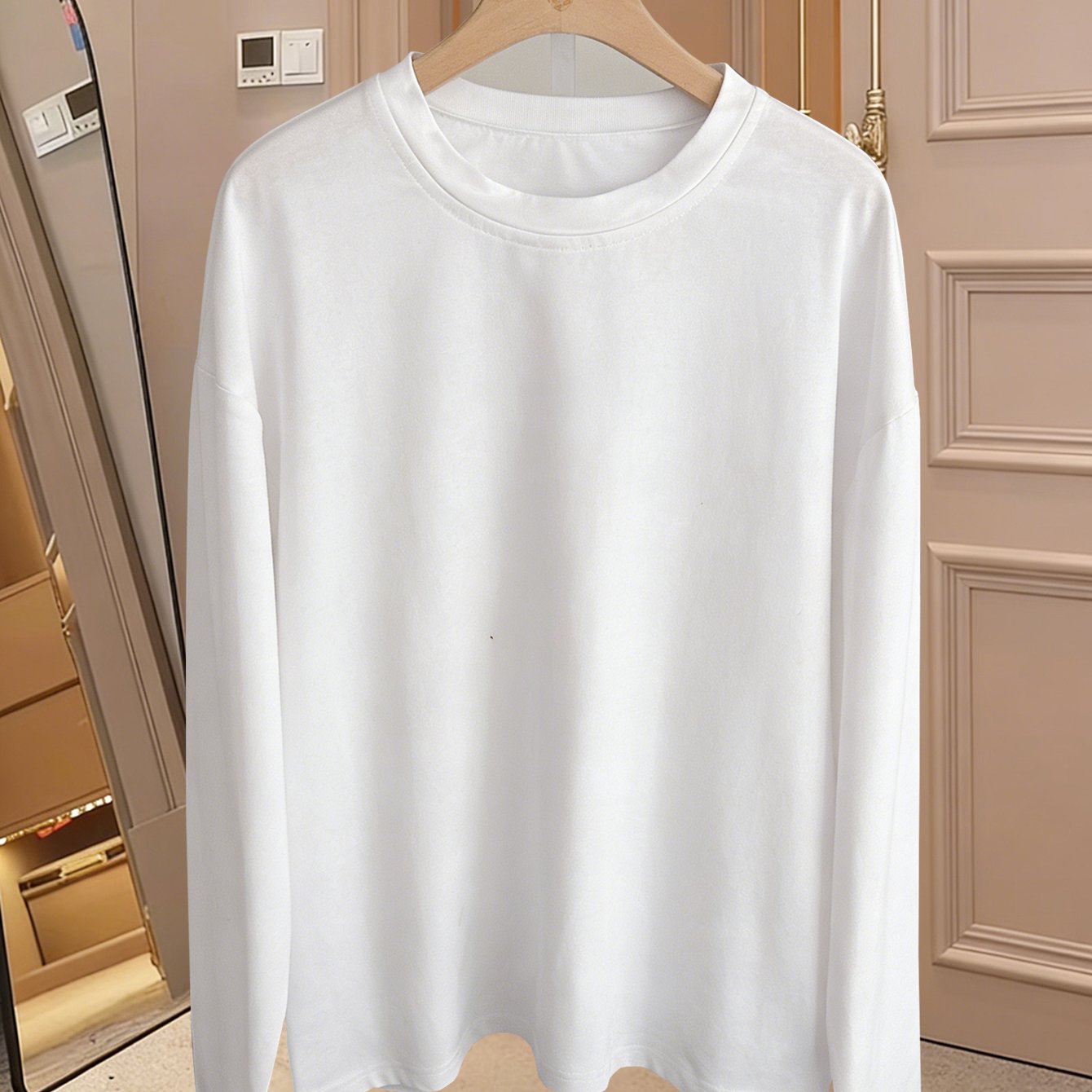 TEMU Basic Drop Shoulder Crew Neck Long Sleeve T-shirt Blank Loose Oversize Top Spring And Autumn Versatile Minimalist Street Style Comfortable Top