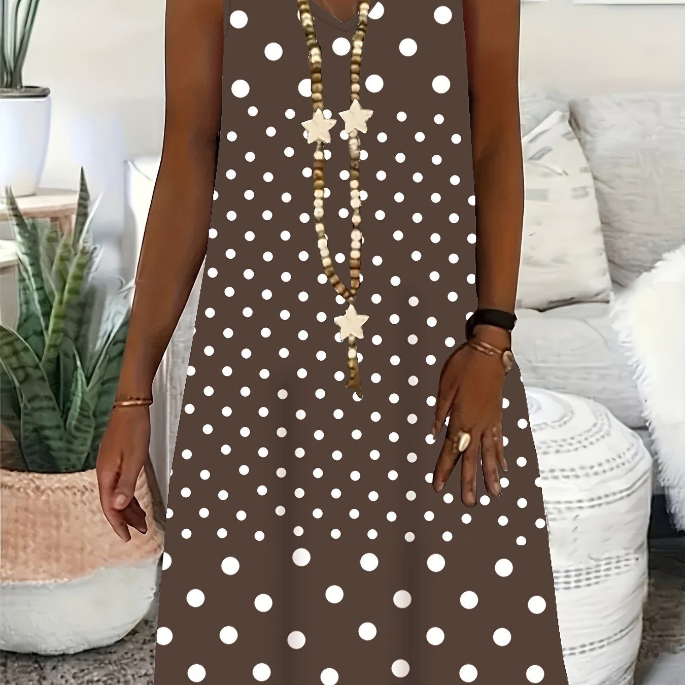 TEMU 2025 Cross-border Casual Elegant V-neck Polka Dot Print Sleeveless Tank Dress