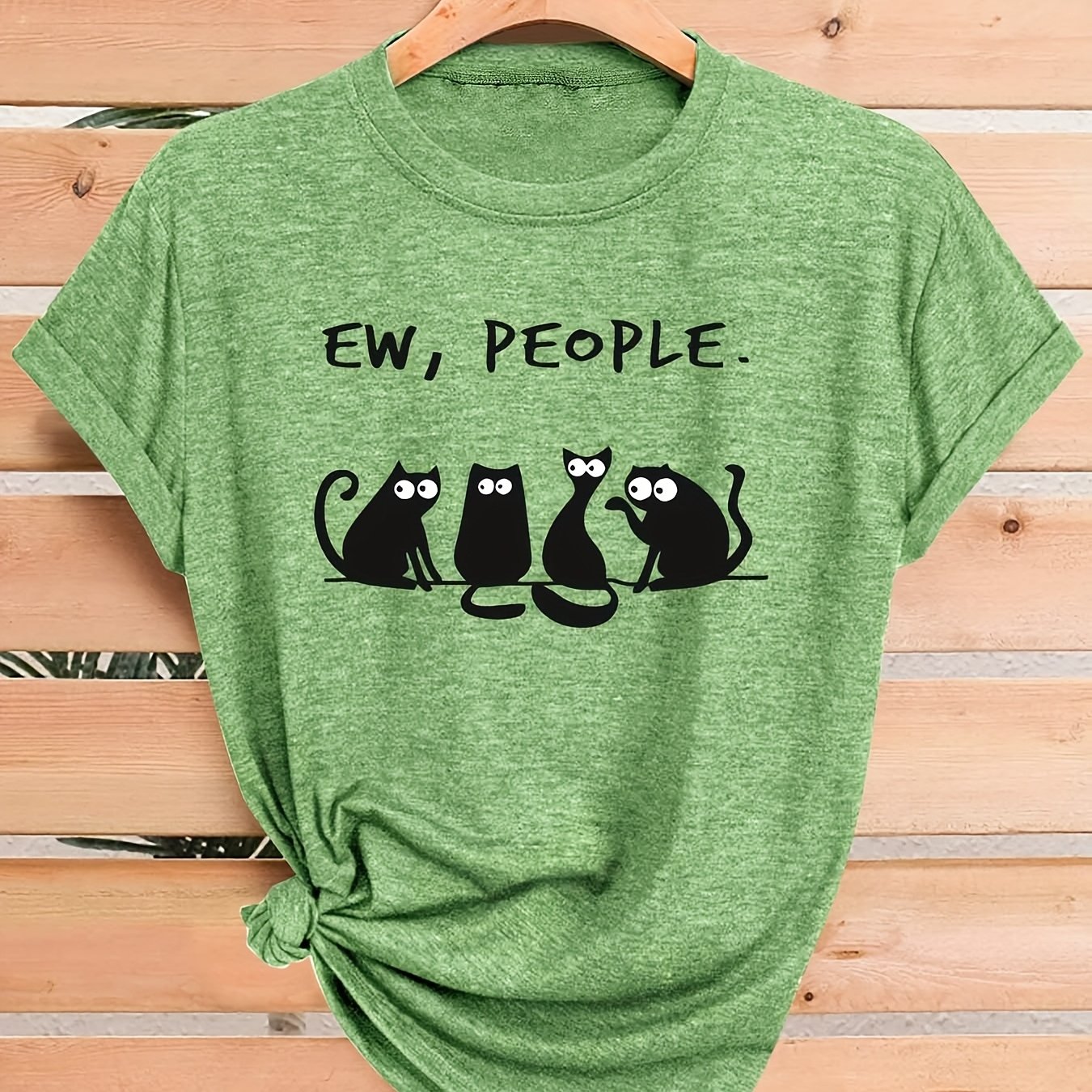 TEMU Women's Casual Short Sleeve T-shirt With "ew, People." Cartoon Cat Graphic - Retro-inspired Relaxed Fit, Soft Breathable Fabric, Machine