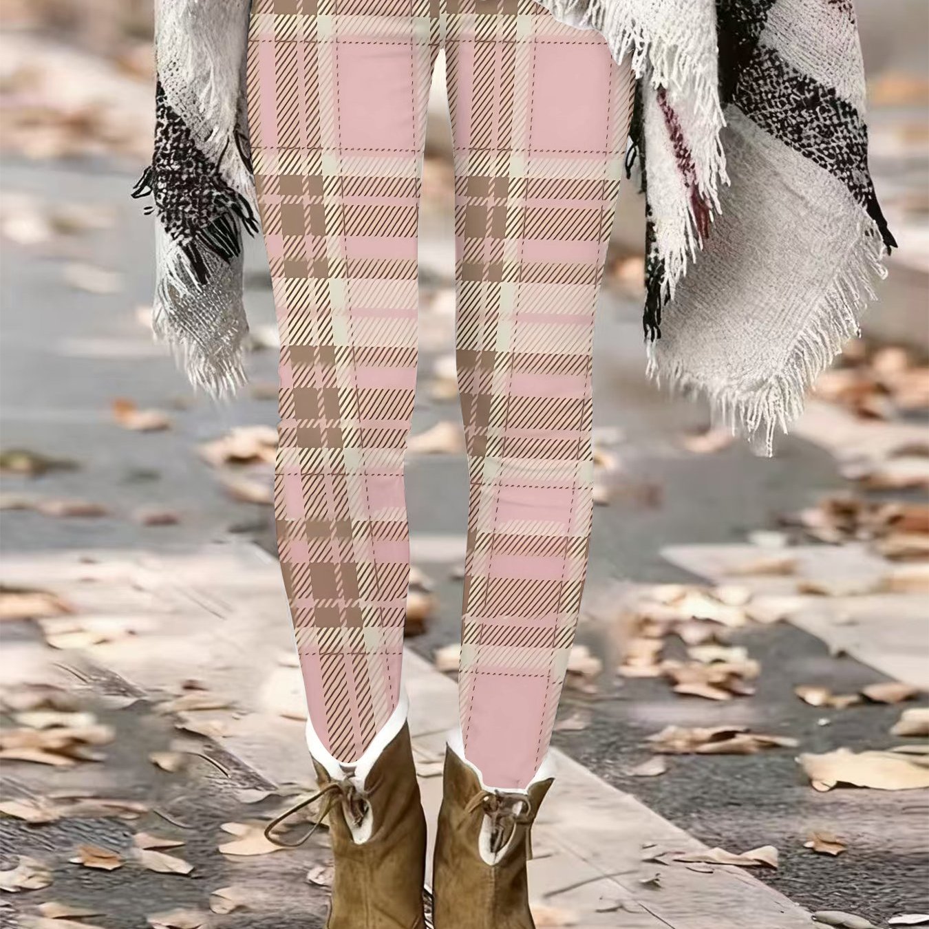 TEMU Gentle Vintage Style Casual Outerwear Leggings, Pink-brown Plaid Print Tights, Stretchy Slim-fit Flattering Style, Suitable For Multiple