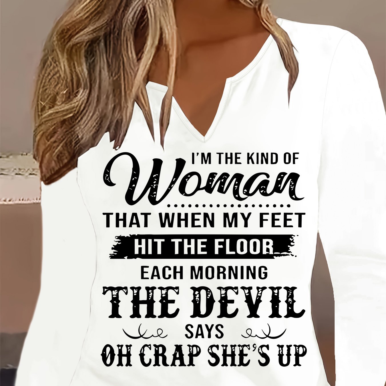 TEMU Graphic Print T-shirt, Long Sleeve V Neck Casual Top For Spring And Fall, Women's Clothing