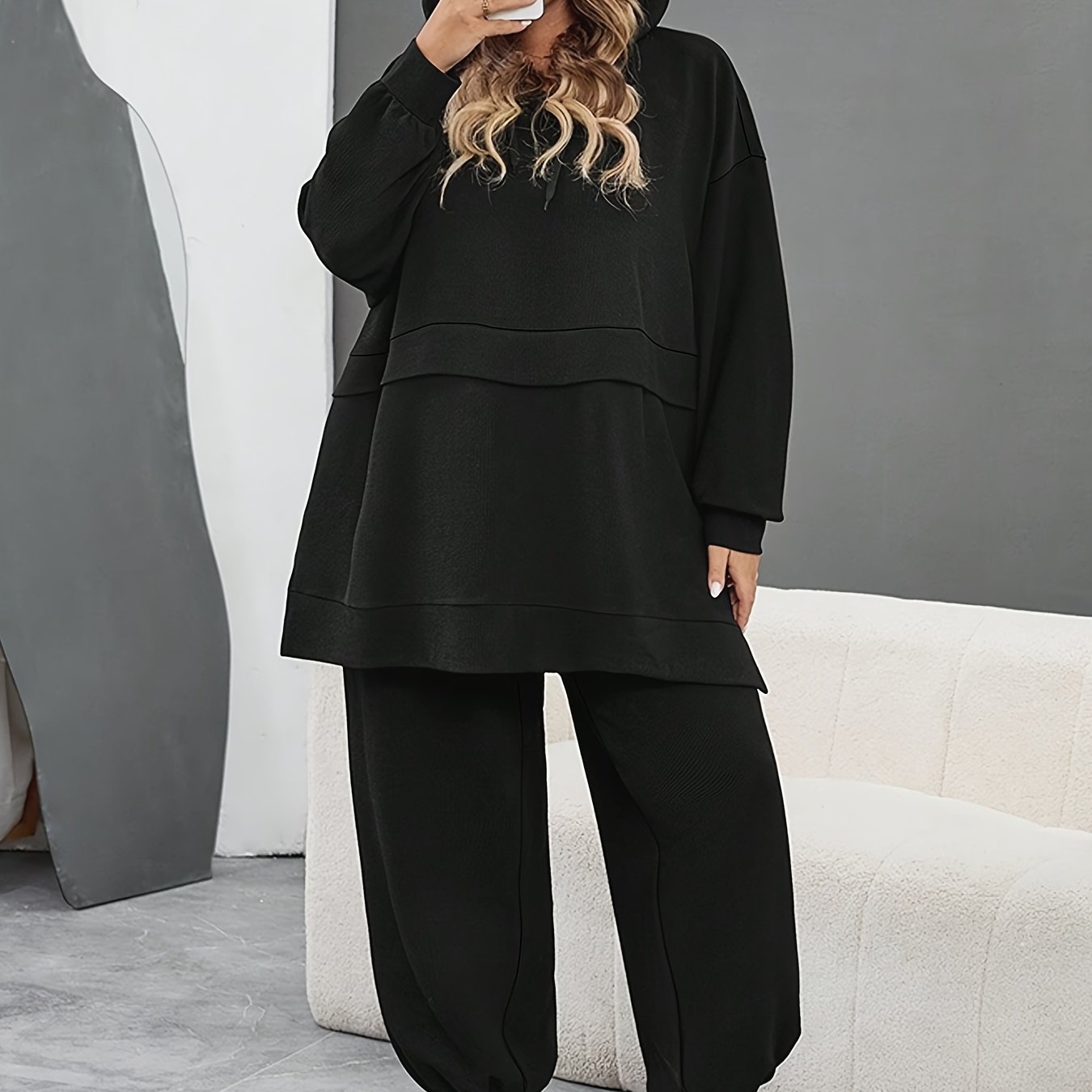 TEMU Plus Size, 2pcs Set, Loose Solid Color Hooded Long-sleeve Sweatshirt + Wide-leg Drawstring Pants, Plus Size, Hood Drawstring Detail, Slit Hem,
