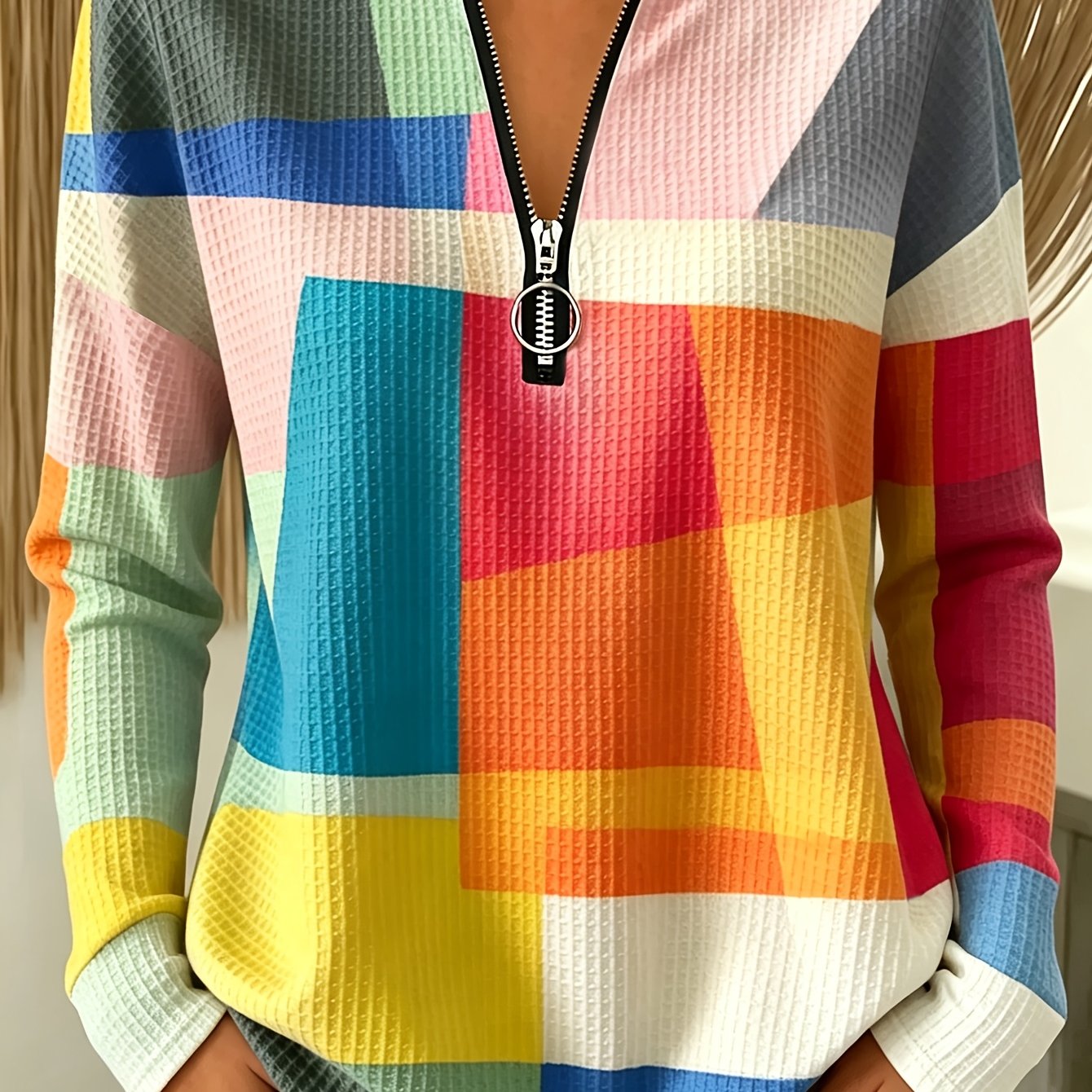 TEMU Ladies' Elegant Autumn And Winter New Style Waffle-print Long-sleeve Zipper T-shirt Casual Top