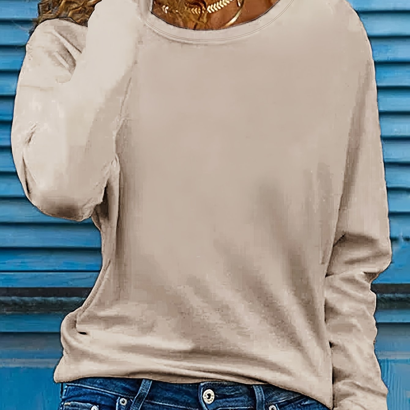 TEMU Solid Color T-shirt, Long Sleeve Crew Neck Casual Top For Spring & Fall, Women's Clothing