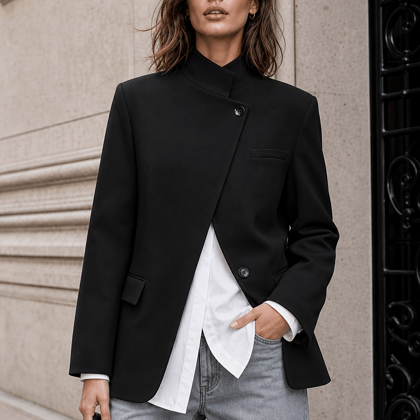 TEMU Collar With Irregular Slanted , Women's Casual Blazer, Versatile And Elegant Commuter Blazer Top, Dual-wear Suit For Daily And Workplace, Lined,