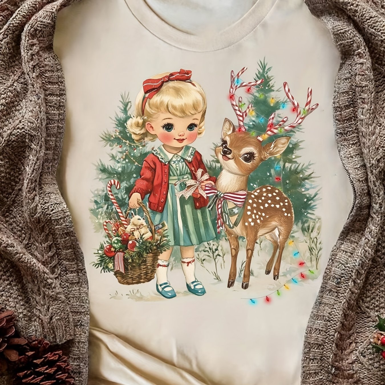 TEMU Plus Size - Soft Beige Women's Vintage 1950s Retro Christmas Shirt - Comfortable Casual Attire For Men & Teens, Plus Size