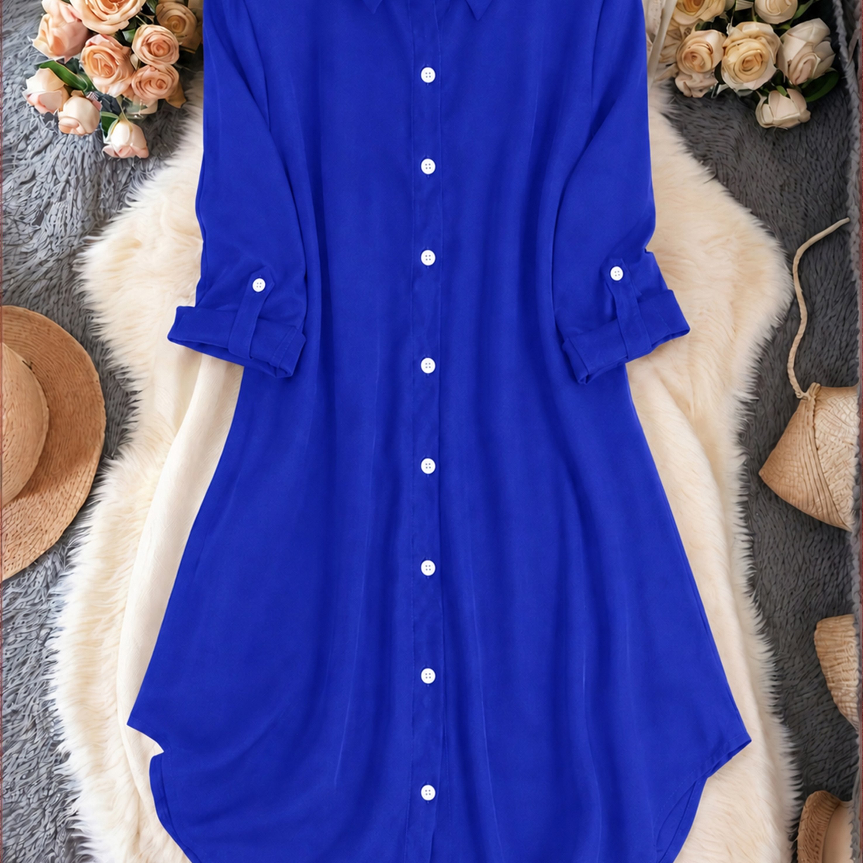 TEMU Four-season Women' Color Casual Versatile Lapel Mid-sleeve Shirt