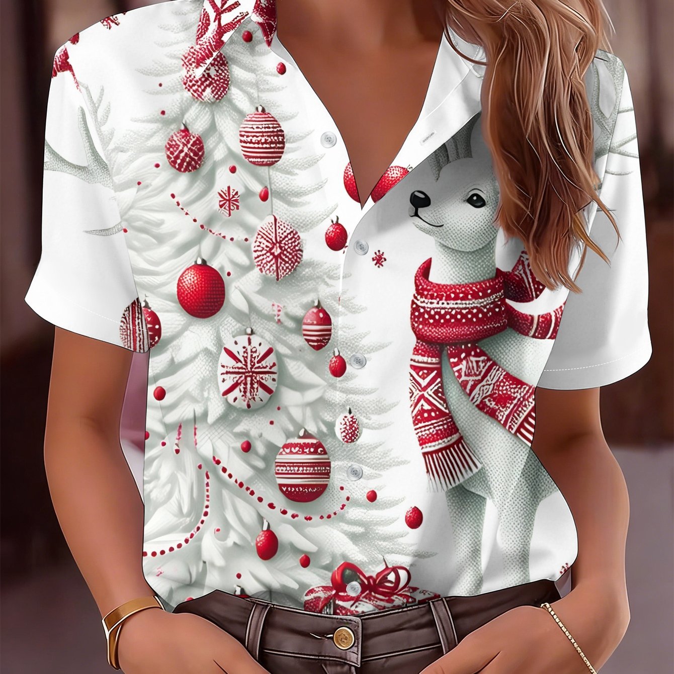 TEMU Women's Short Sleeve Shirt, Christmas Theme Reindeer Christmas Tree Print Top, Festive Atmosphere Fashion Casual Versatile Women's Blouse