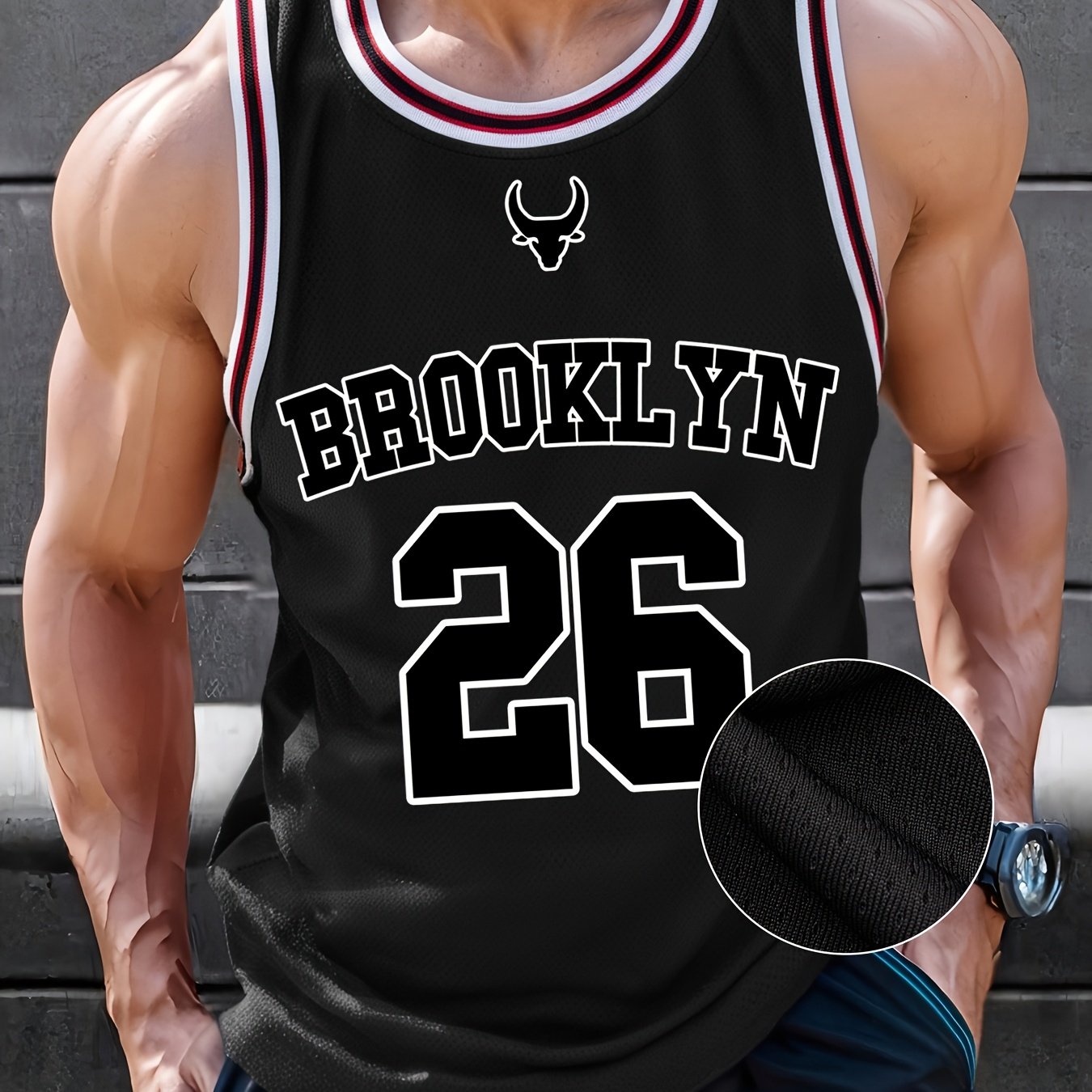 TEMU Men's Brooklyn Printed Digital Round Neck Spring/summer Sleeveless Easy Casual Solid-color Basketball V-neck Shirt