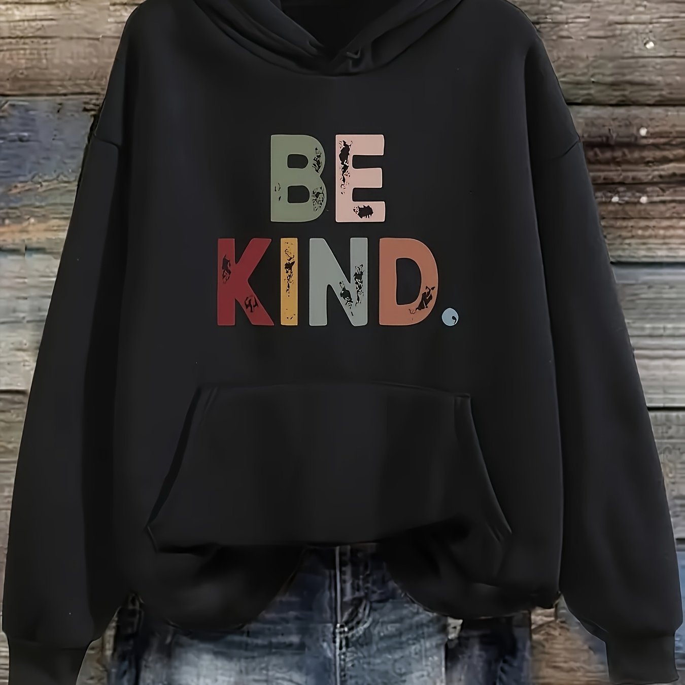 TEMU Plus Size Autumn Winter Lined Colorful Be Kind Letter Print Fashionable Women's Hooded Top With Mouse Pocket And Drawstring-unisex 2026 Couple