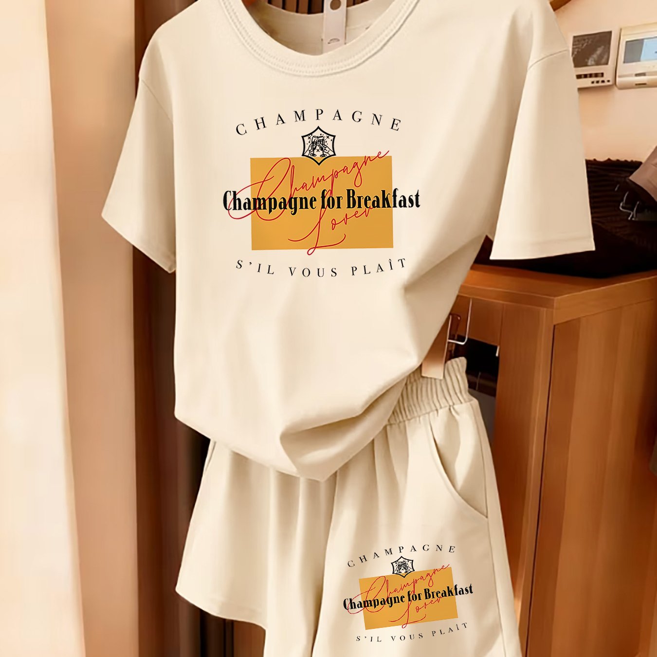 TEMU 2pcs Women's Spring Short Sleeve Set - French Champagne Letter Print Short Sleeve And Shorts Set, Comfortable Soft Breathable Athletic Casual