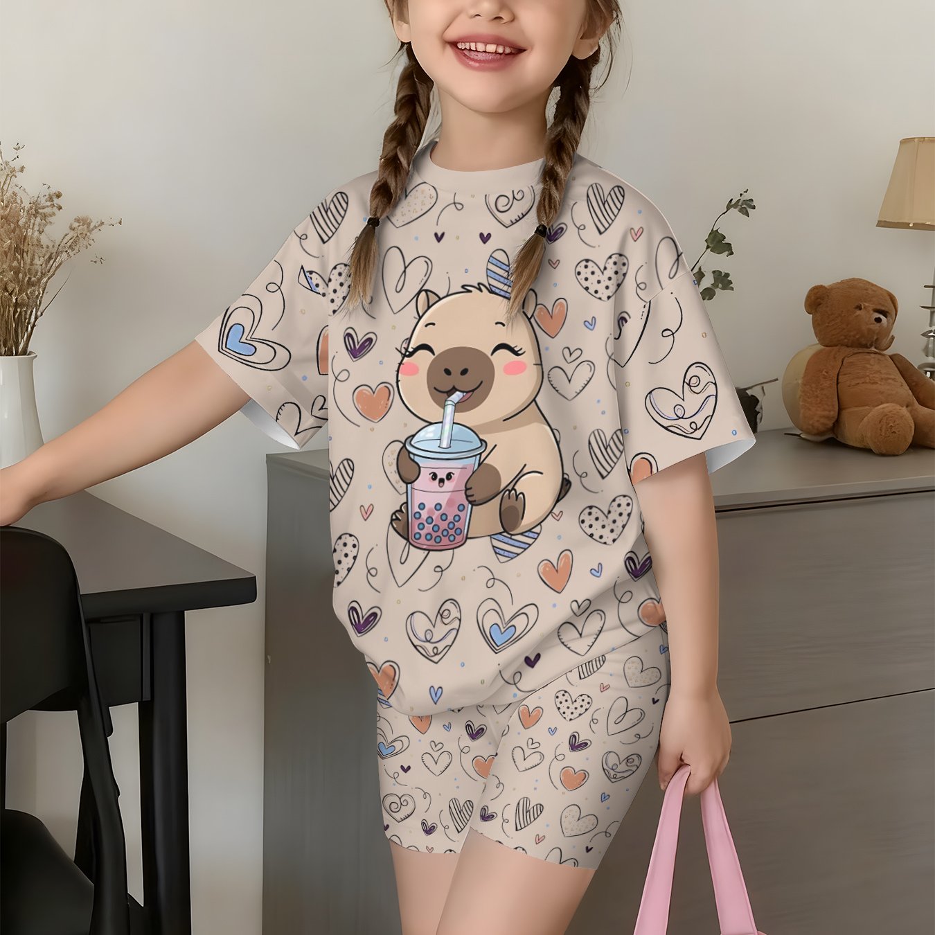 Image of Girls' Fashionable Shorts Set With Print(kabibara), Perfect For Outdoor,christmas,halloween