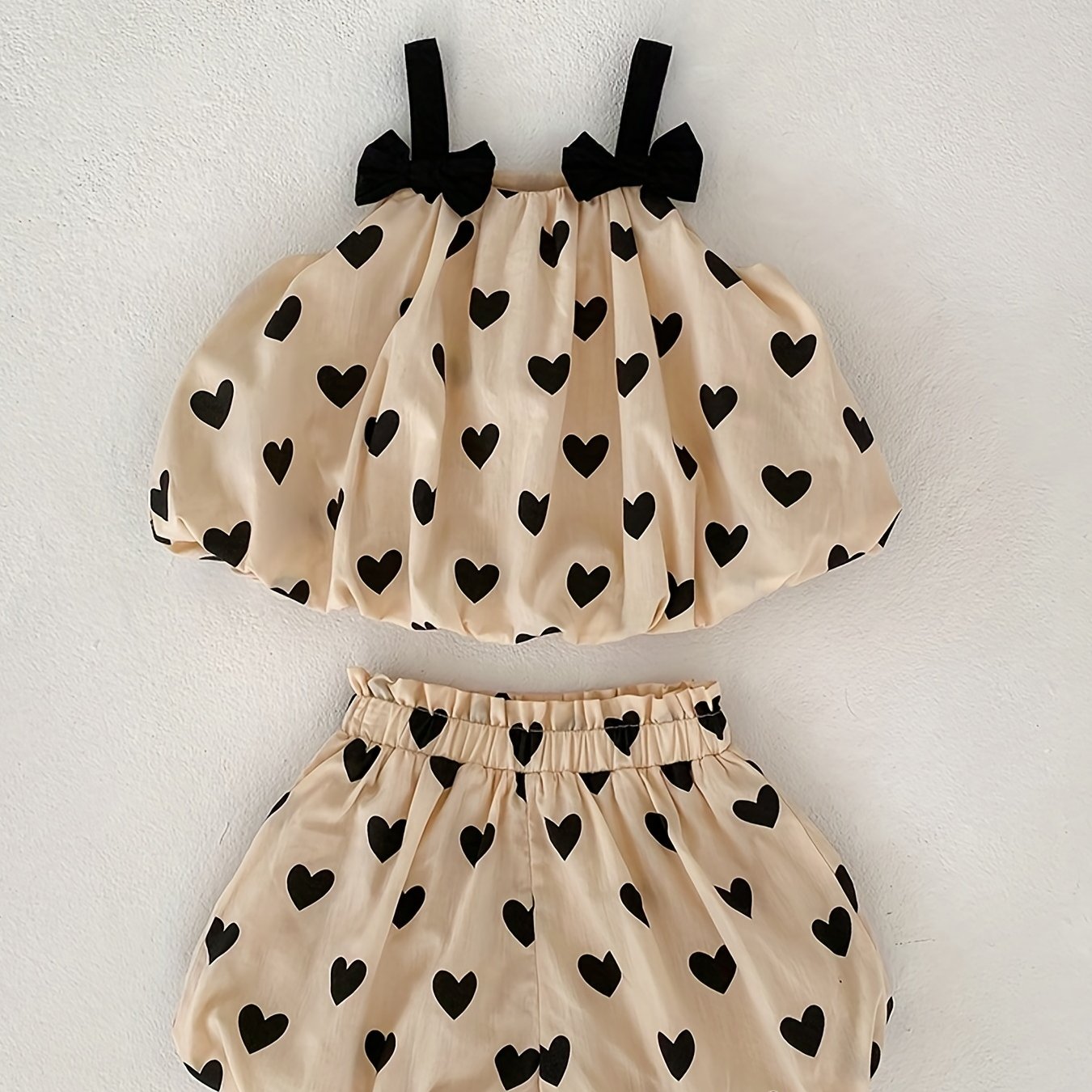 Ins Summer New Baby Sleeveless Bow Double Layered Strap Top+apricot Love Pants 2pcs Set For Girls, Versatile, For Outdoor