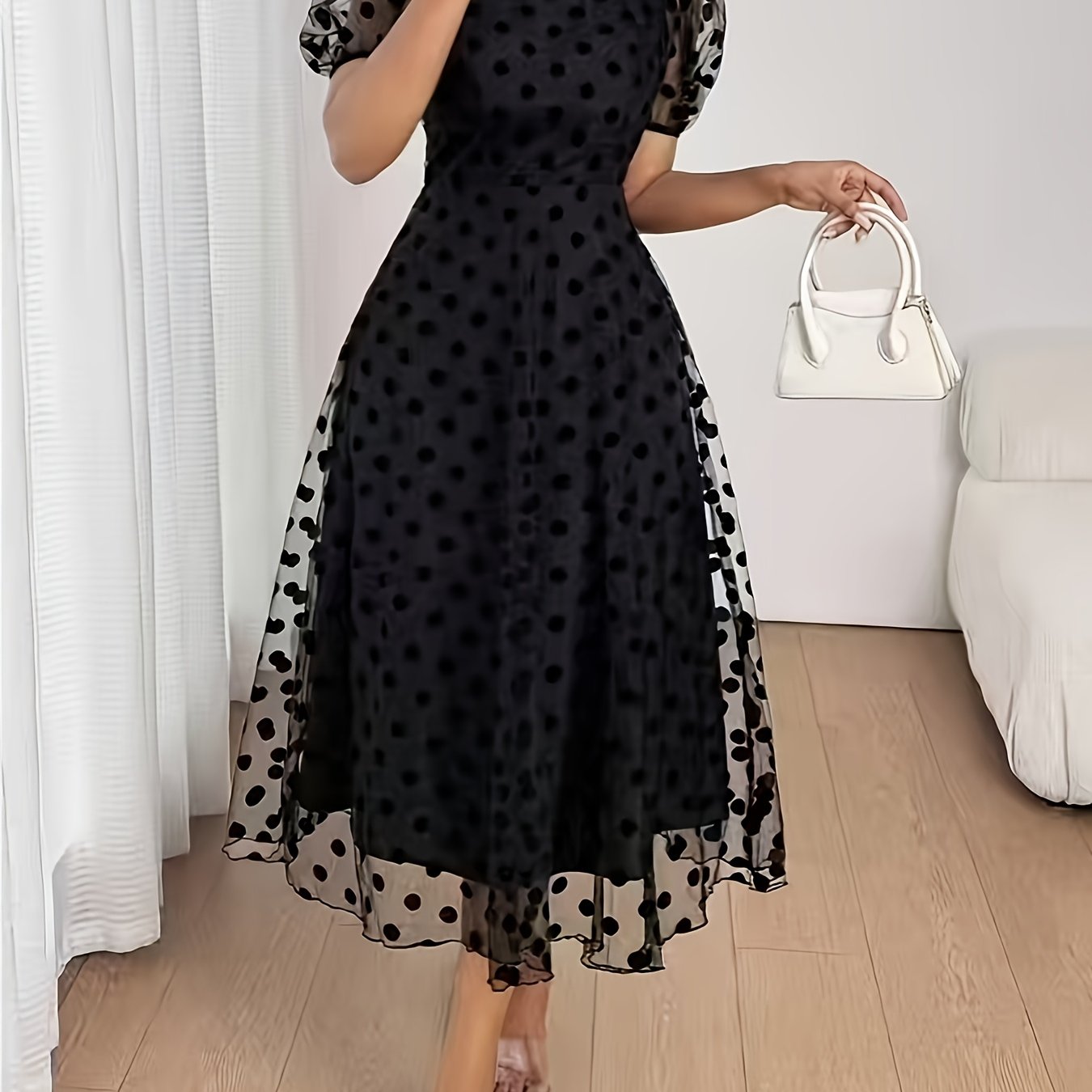 TEMU Bk1203002 Elegant Solid Color Women's Fashion Polka Dot Mesh Round Neck Lantern Sleeve Short Sleeve Waist-cinching Slim Fit Spring Summer Autumn