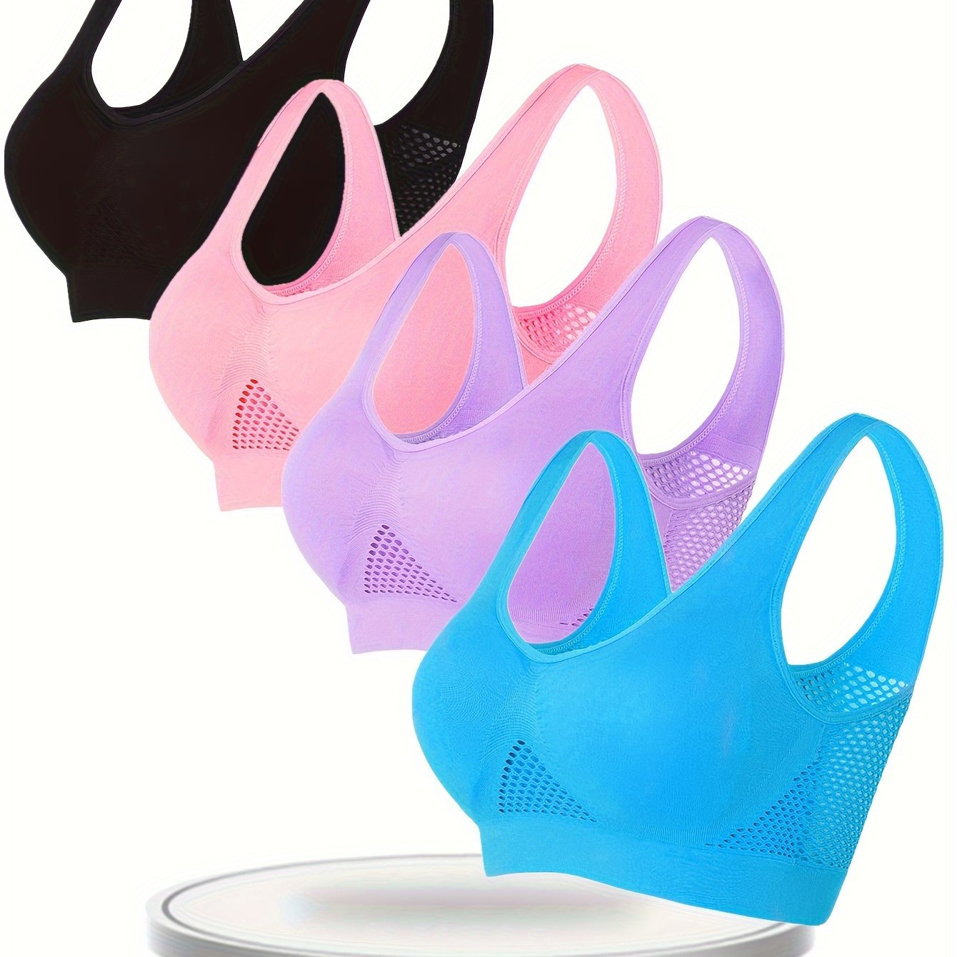 Image of 4pcs Set, No Breast Pads, Single-layer Vest, Breathable Holes, Colorful Mesh Bra, No Underwire, Women's Home Running Yoga Exercise Sports Bra Lingerie