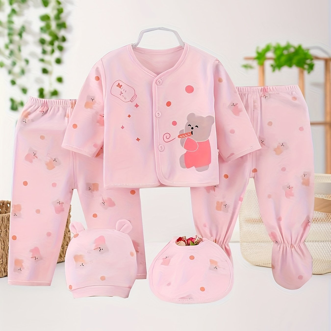 Image of Baby 5pcs Outfit Set Pure Soft Clothes Pants Hat Multi-piece Gift Baby Clothing 0-3 Months Baby Clothes Unisex Baby Wear, For Outdoor