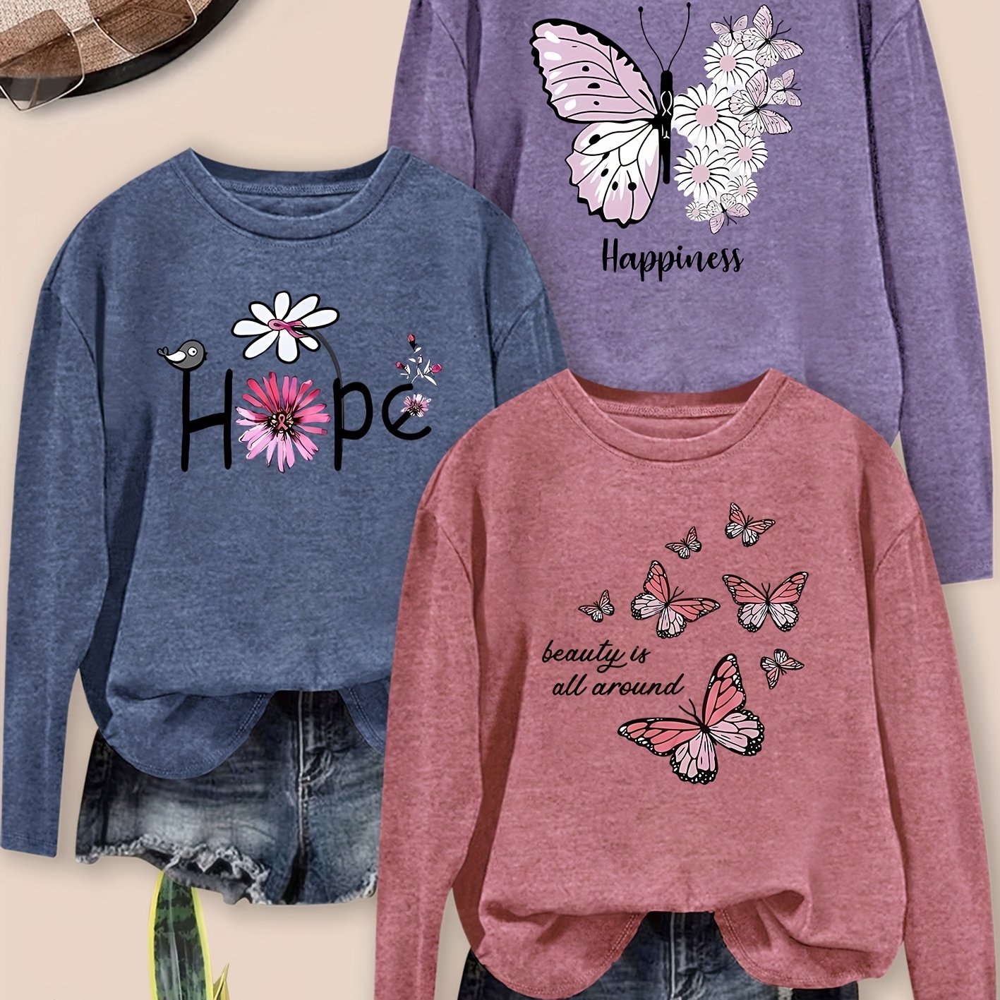 TEMU 3pcs Women's Elegant Style And Floral Print Round Neck Long Sleeve T-shirt, Fashionable Commuting, Vacation, Daily Versatile Vintage Casual Top,